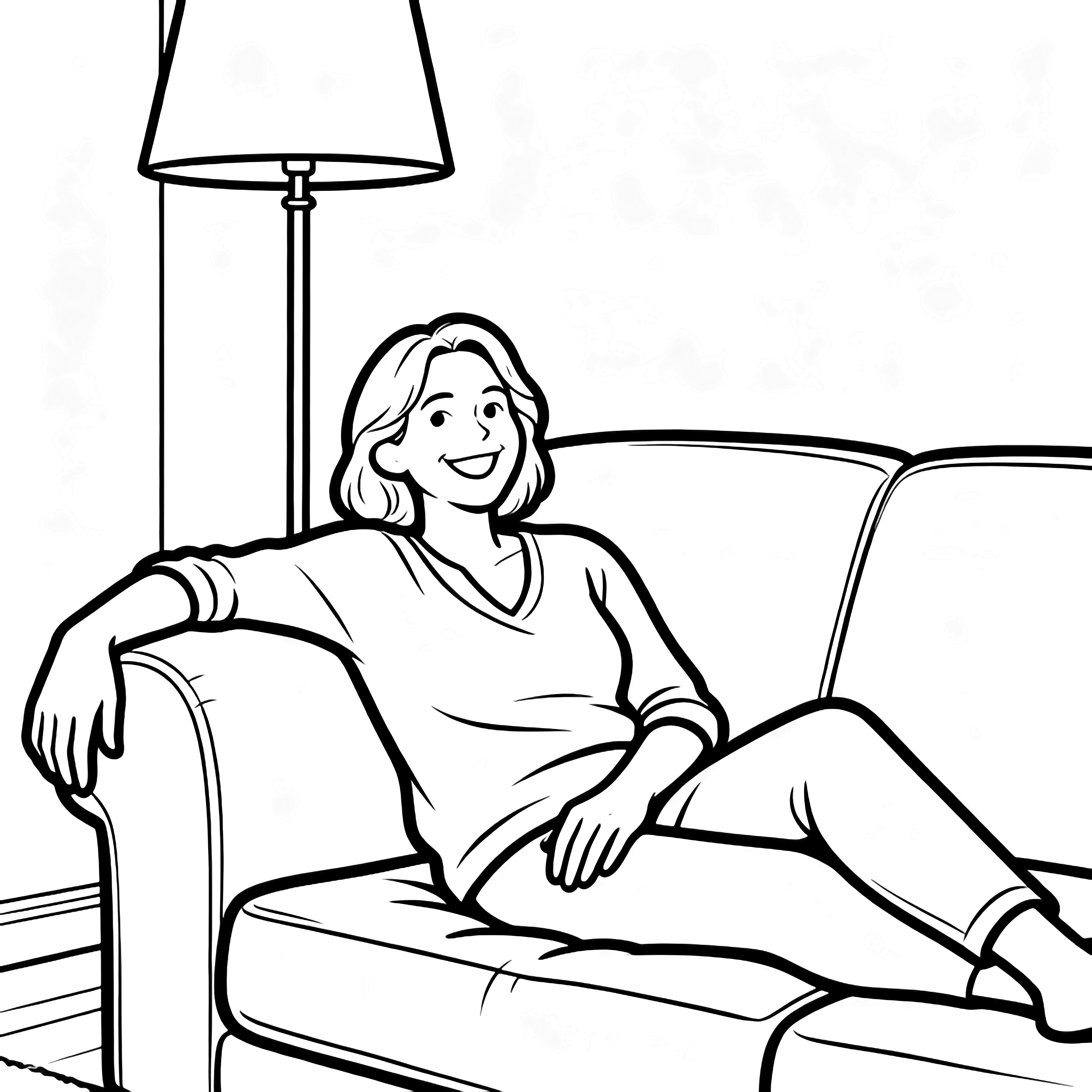 Mum relaxes on a sofa, arm along the backrest, smiling, with a floor lamp behind her against a plain wall. kleurplaat