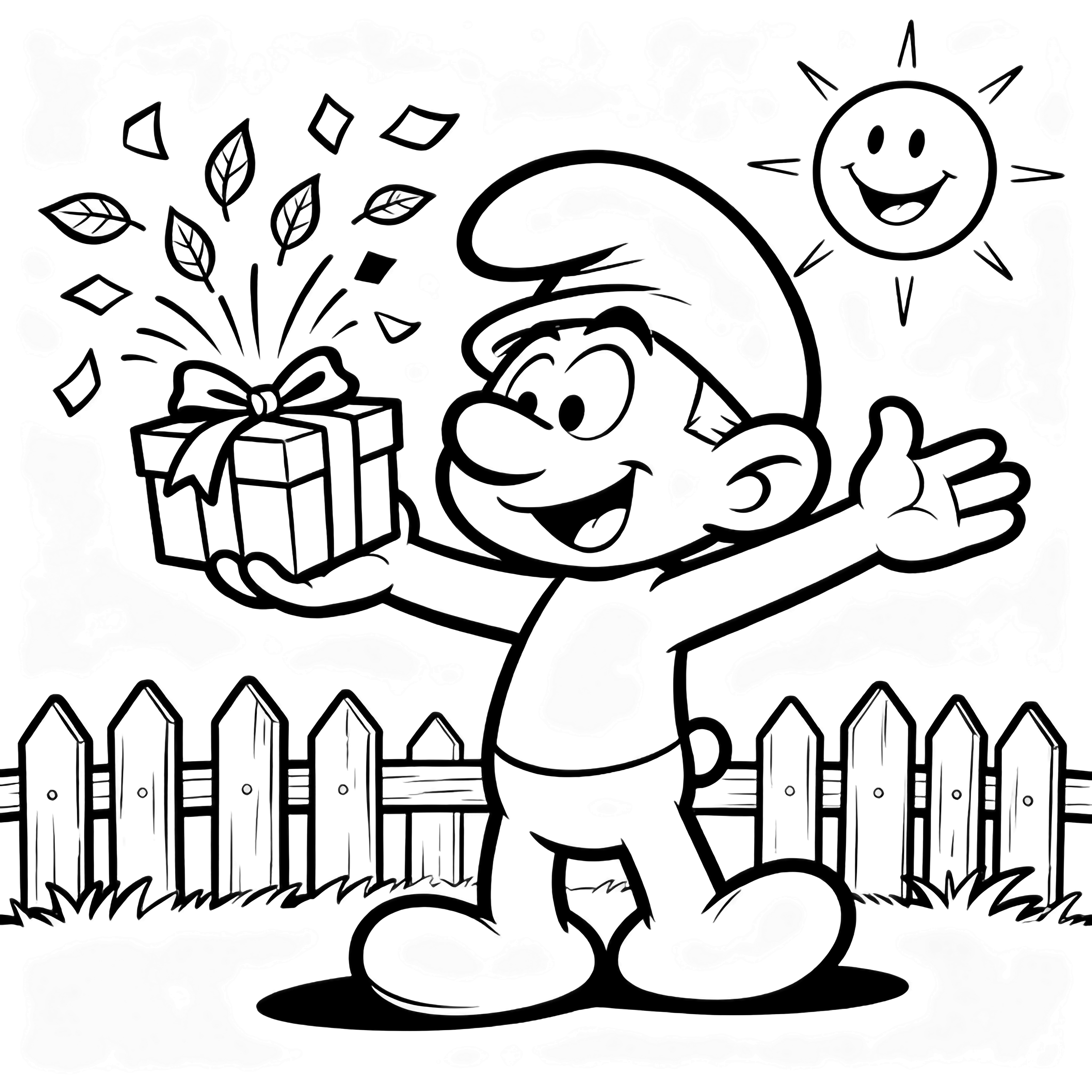 Jokey Smurf stands arms wide, a ribbon-tied box bursting confetti leaves; picket fence and smiling sun behind. kleurplaat