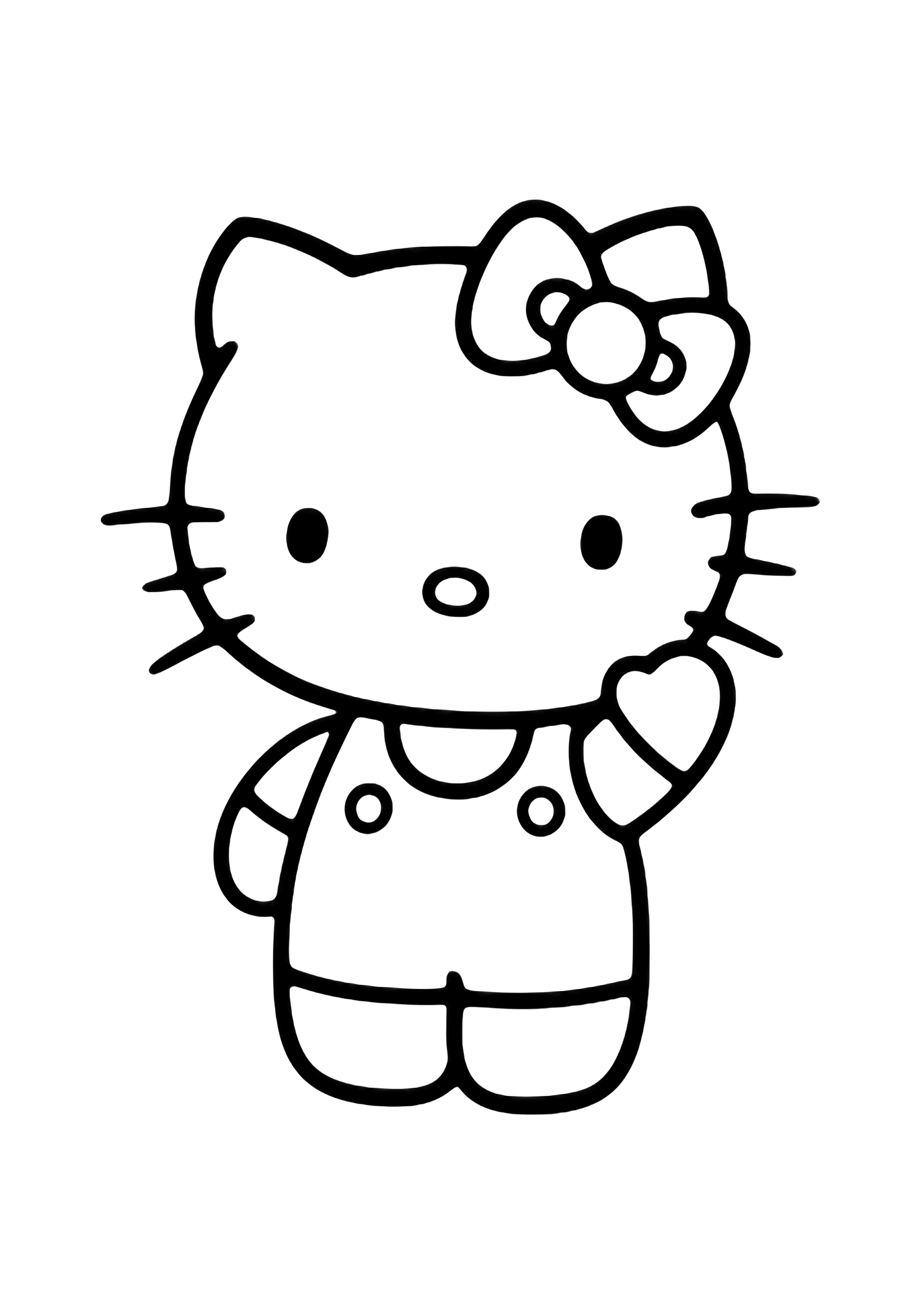 Hello Kitty waves cheerfully, her round head, simple bow, tiny whiskers, and small feet centered on the page. kleurplaat