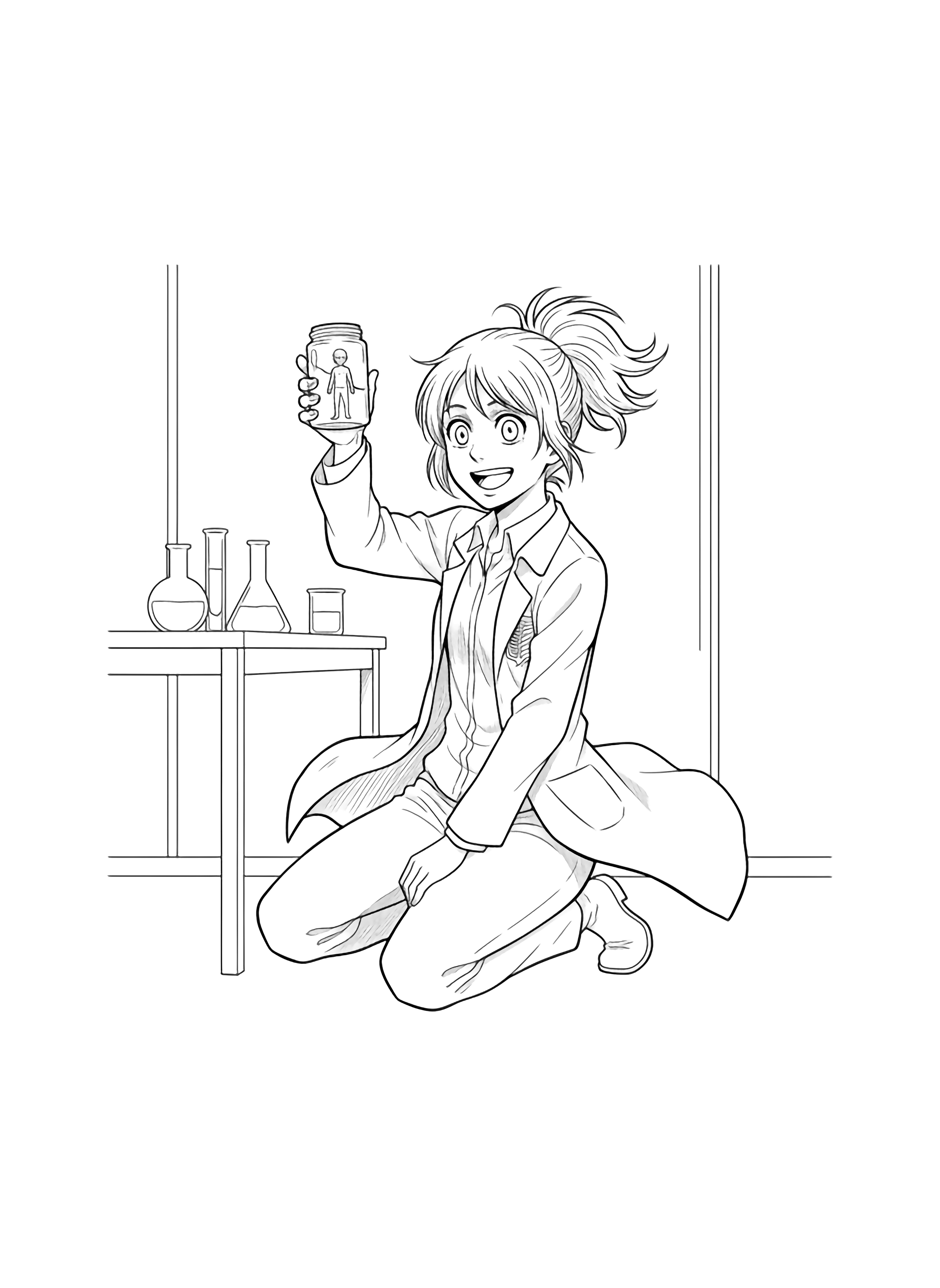 Hange Zoe kneels, wide-eyed smile, holding a jar with a tiny Titan; lab coat flares, messy ponytail swirls; simple table, beaker outlines, blank wall behind. kleurplaat