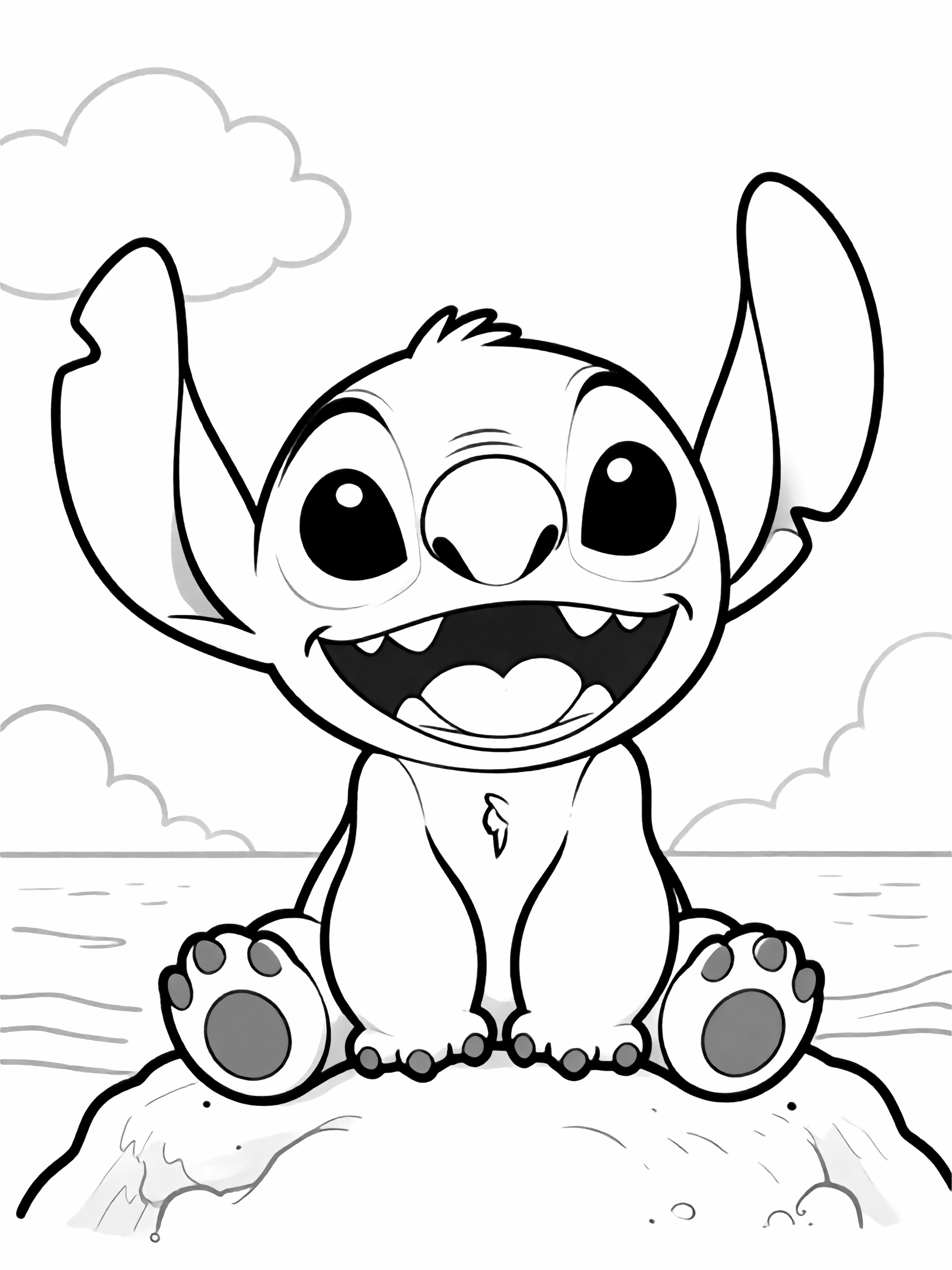 Stitch laughing heartily, mouth open wide, big oval eyes, fluffy ears, chunky paws, sitting on beach rock, calm ocean horizon, puffy cloud above. kleurplaat