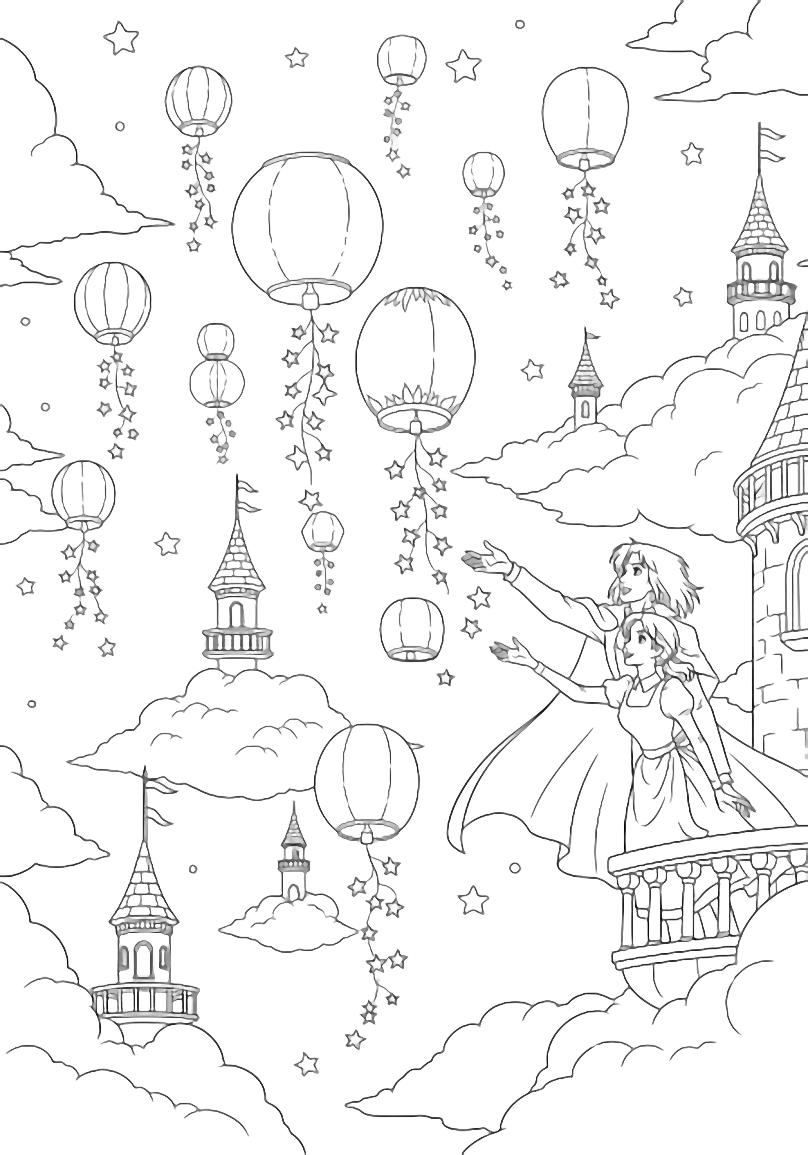 Howl and Sophie lean from a balcony toward floating lanterns with star-shaped lights above cloud-borne turrets under a star-dotted sky. kleurplaat