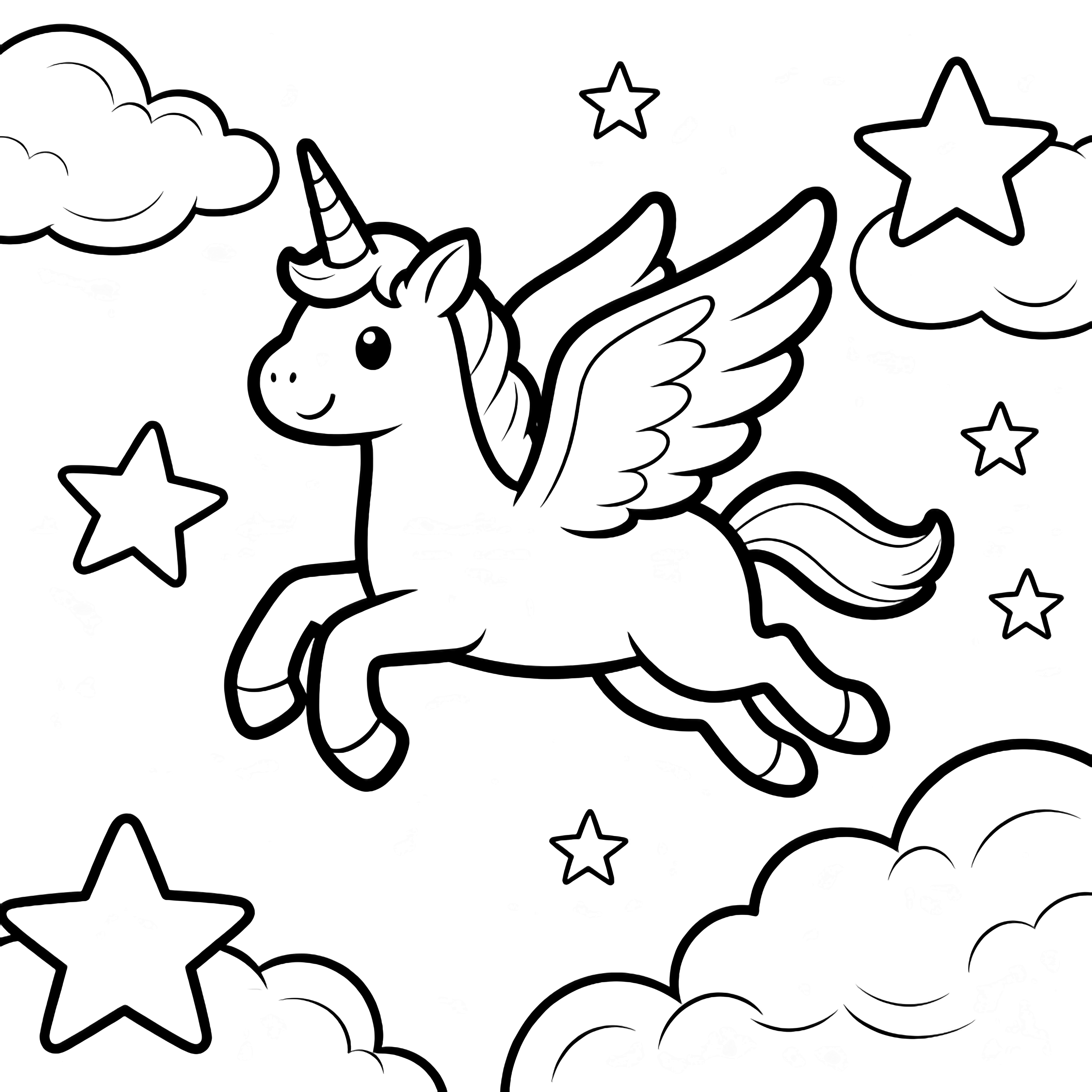 A smiling unicorn with open wings glides through drifting star-shaped clouds amid tiny five-point stars. kleurplaat