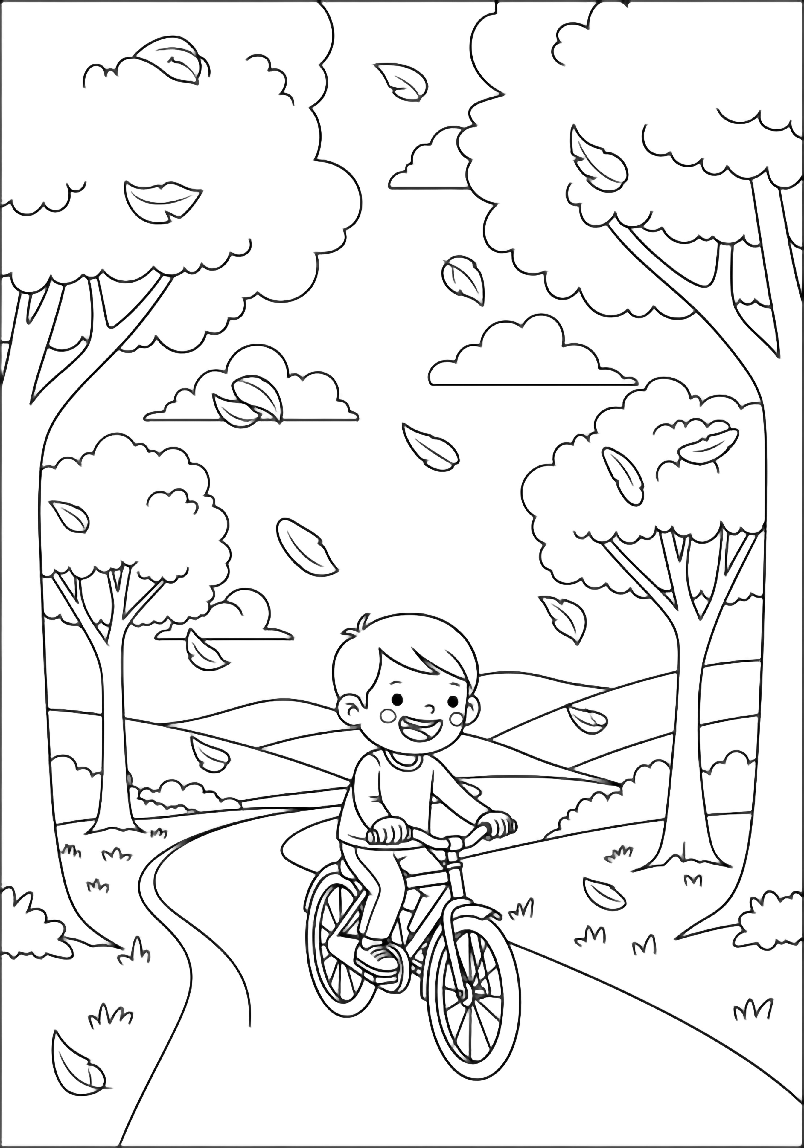 Smiling child rides bicycle along winding road, trees and drifting leaves, gentle hills, fluffy clouds. kleurplaat