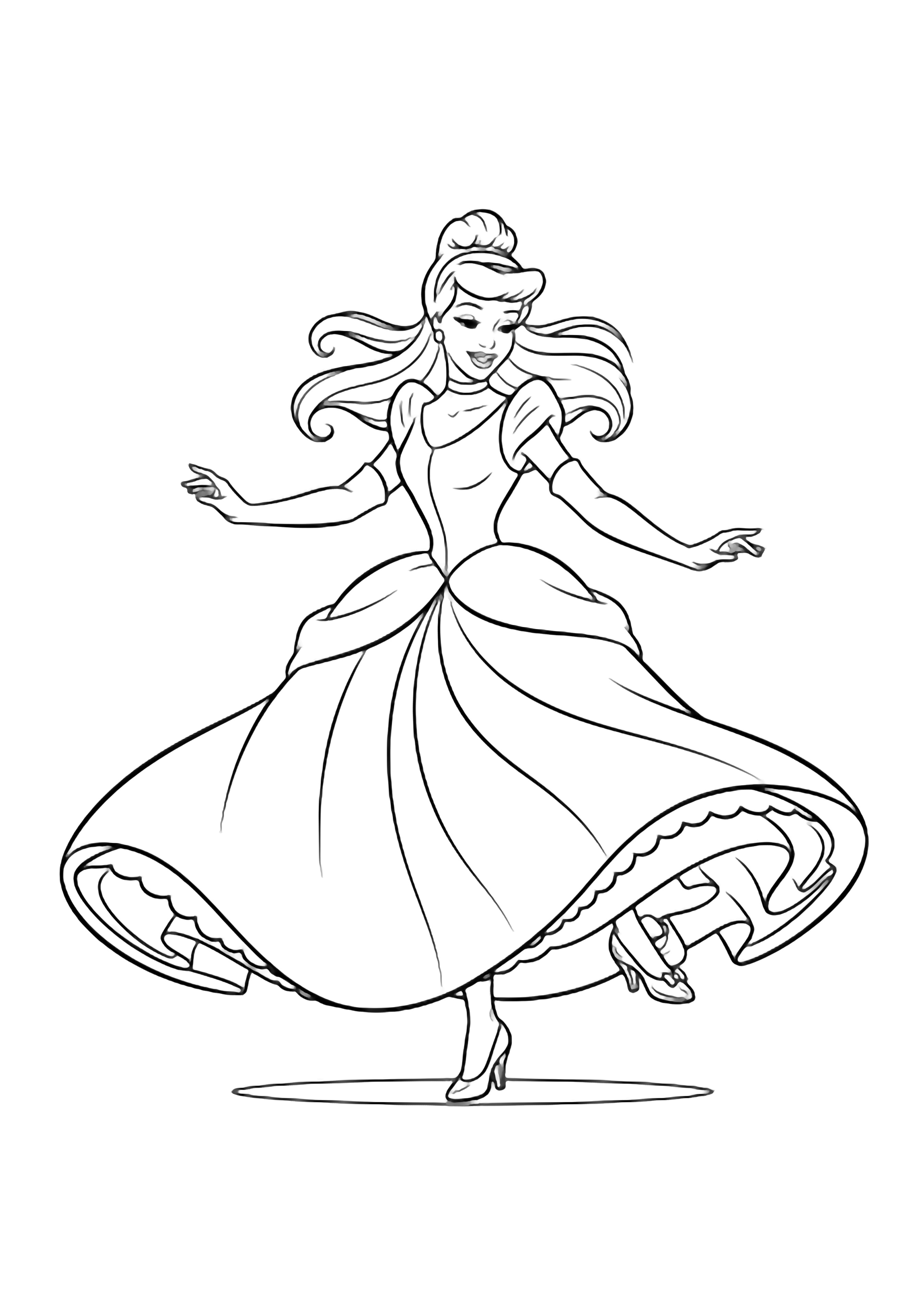 Cinderella twirls mid-step, lifting her ballgown hem to reveal a glass slipper, smiling with arms extended and hair flowing. kleurplaat