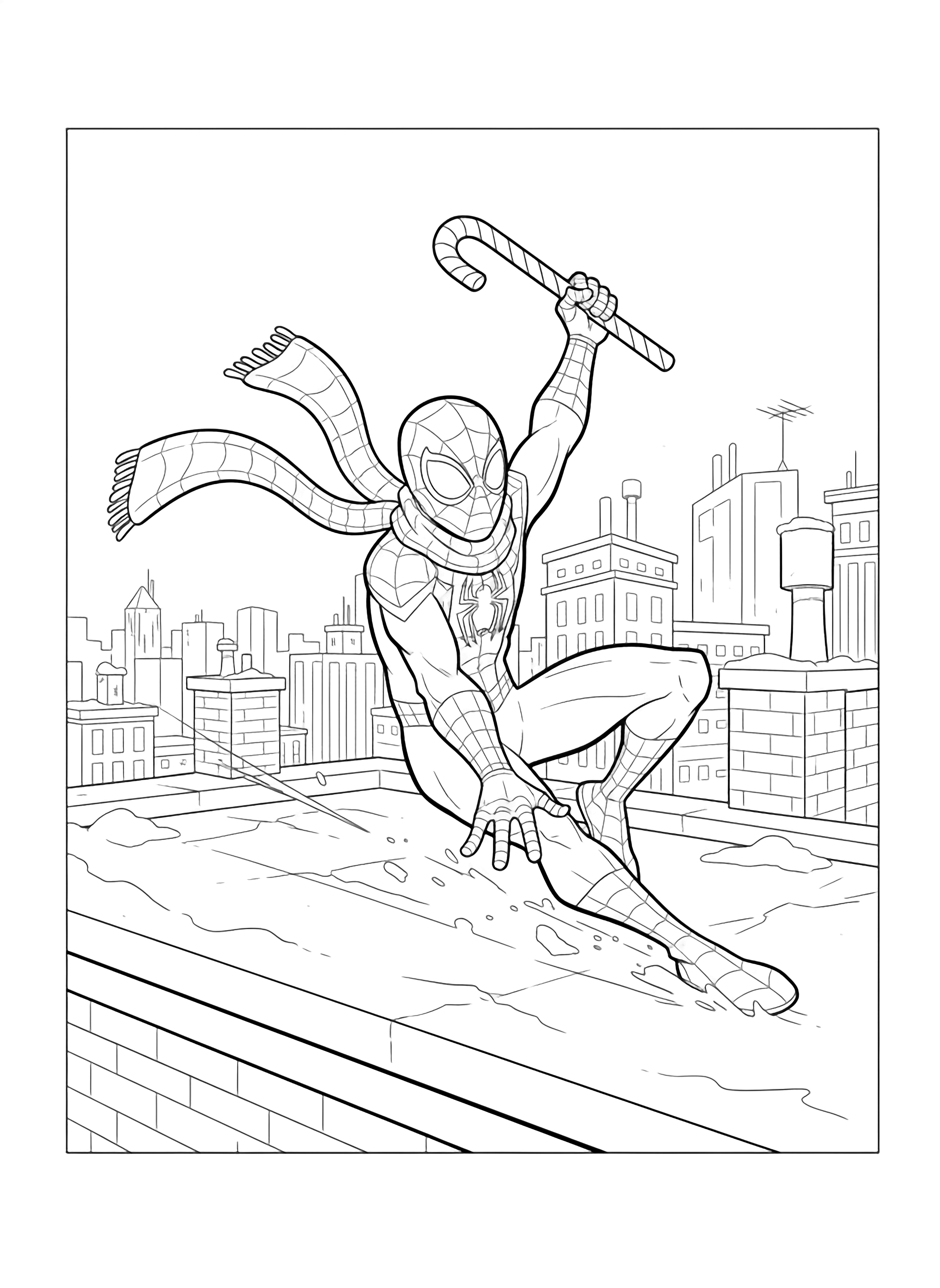 Miles Morales gliding above a snow-dusted rooftop, triumphantly holding a candy cane while his scarf billows; distant skyline and chimneys frame the scene. kleurplaat