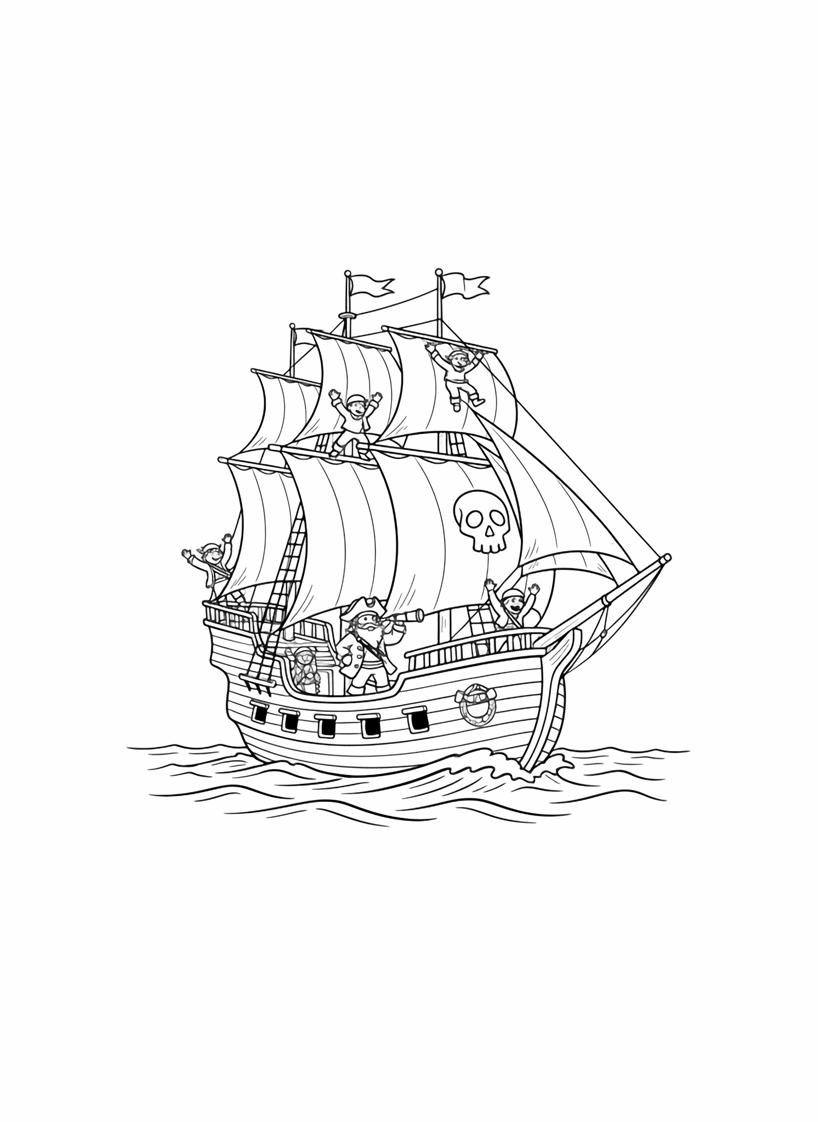 A black and white illustration of cheerful pirates sailing the high seas on their sturdy wooden ship The captain stands proudly at the helm with a feathered hat spyglass in hand while crew members scramble up the rigging and wave from the deck Their sails billow with imaginary wind decorated with a friendly skull and clean black and white line drawing minimal shading no colour no fill kleurplaat