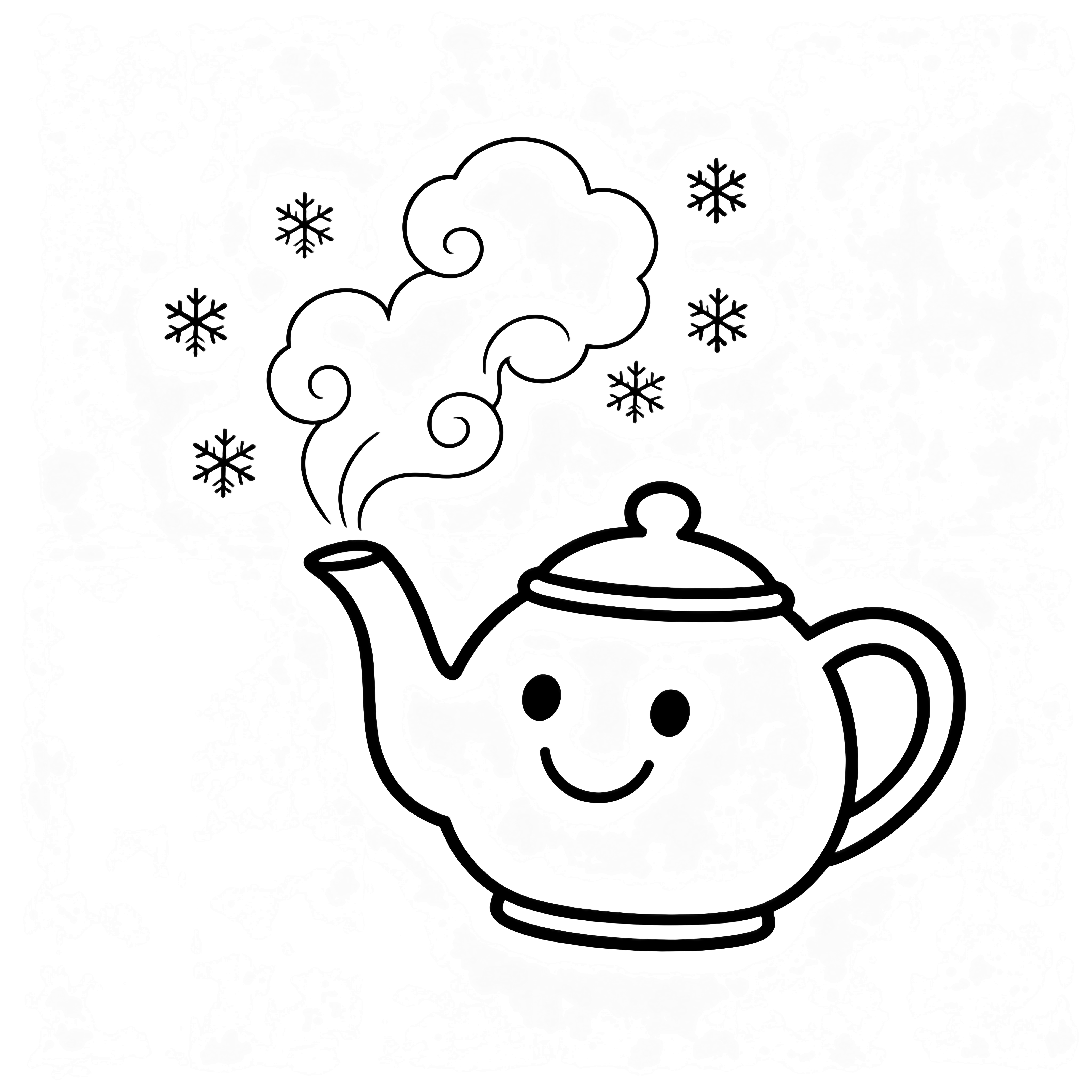 Een glimlachende theepot heft zijn tuit terwijl acht kleine sneeuwvlokjes rond poederige stoomwervels dwarrelen. kleurplaat
