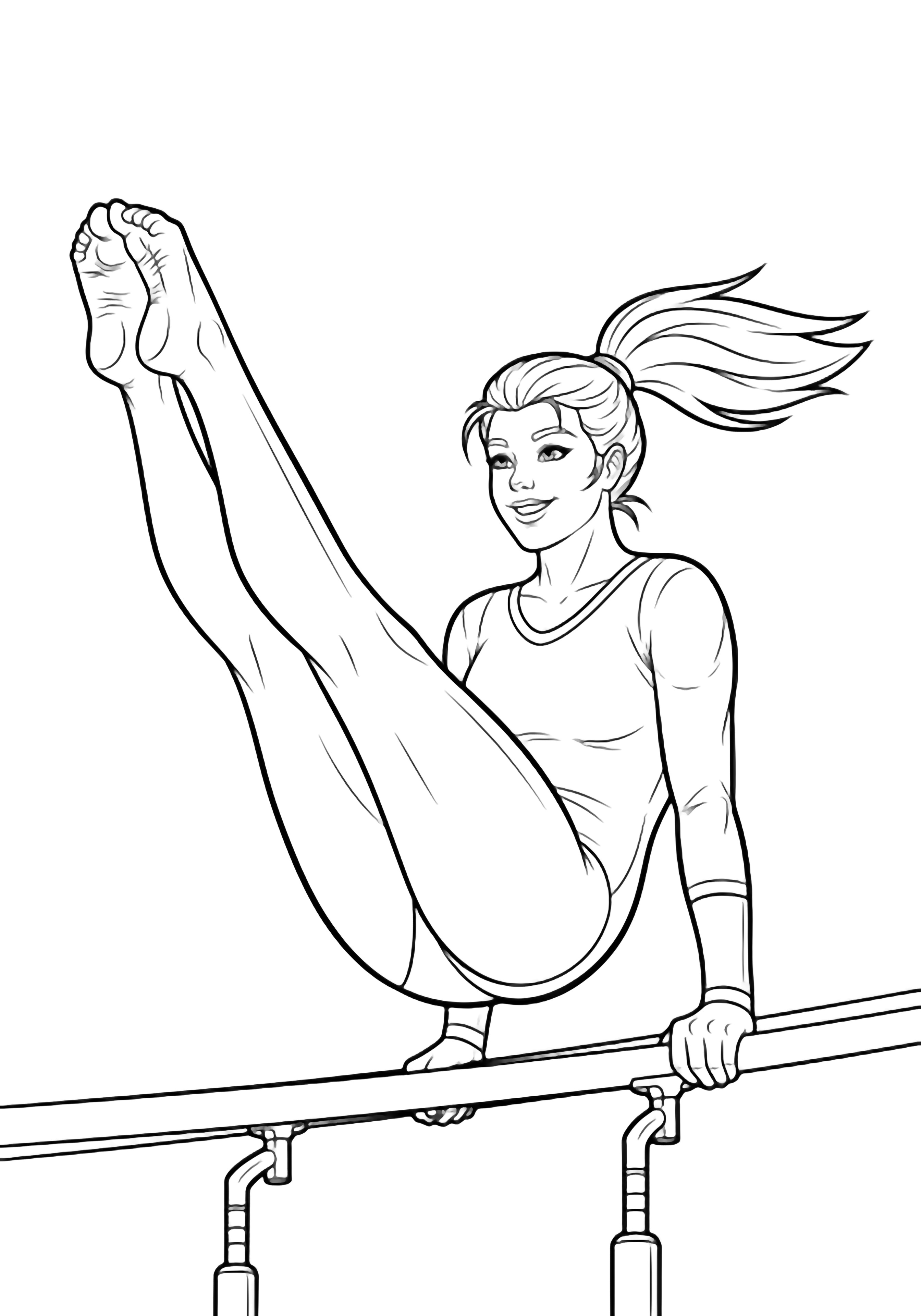 A smiling gymnast in a leotard performs a pike hang on parallel bars, ponytail flowing. kleurplaat
