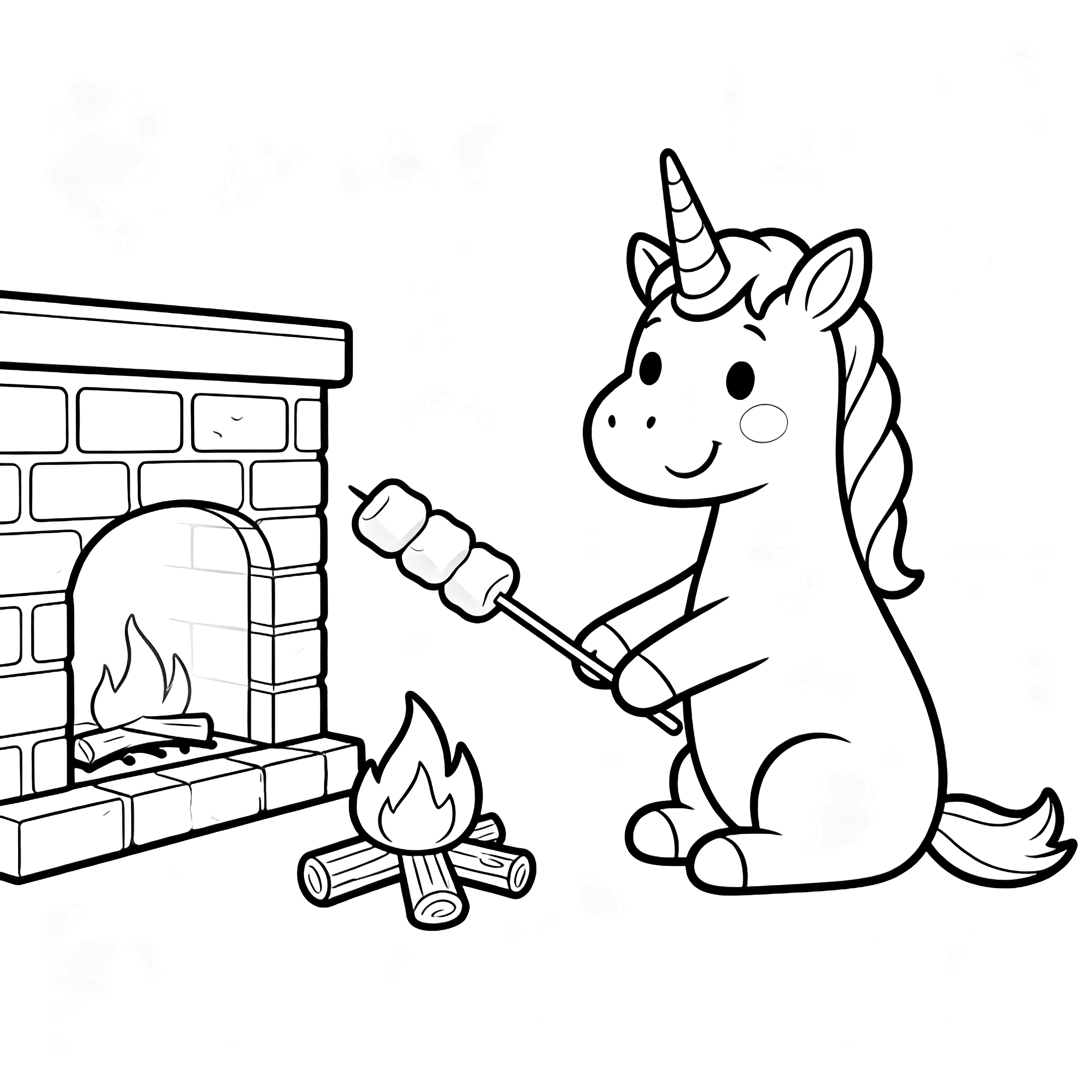 A smiling unicorn sits beside a brick fireplace, roasting marshmallows on a stick over a small flame. kleurplaat