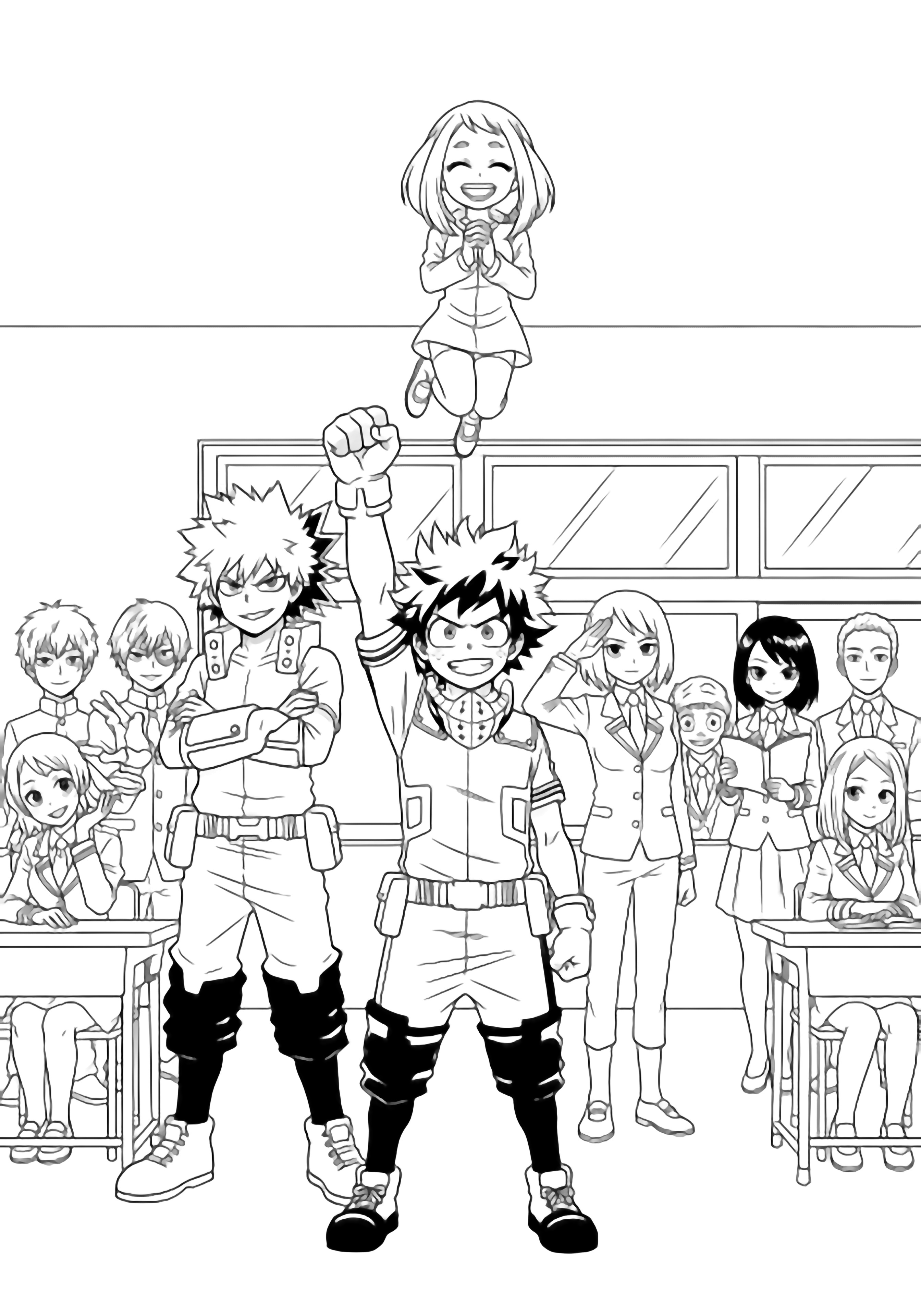 Izuku raises his fist in a classroom, Bakugo beside him, Ochaco floating above, Tenya saluting, Momo with a notebook, Shoto gesturing, classmates smiling behind desks near a window. kleurplaat