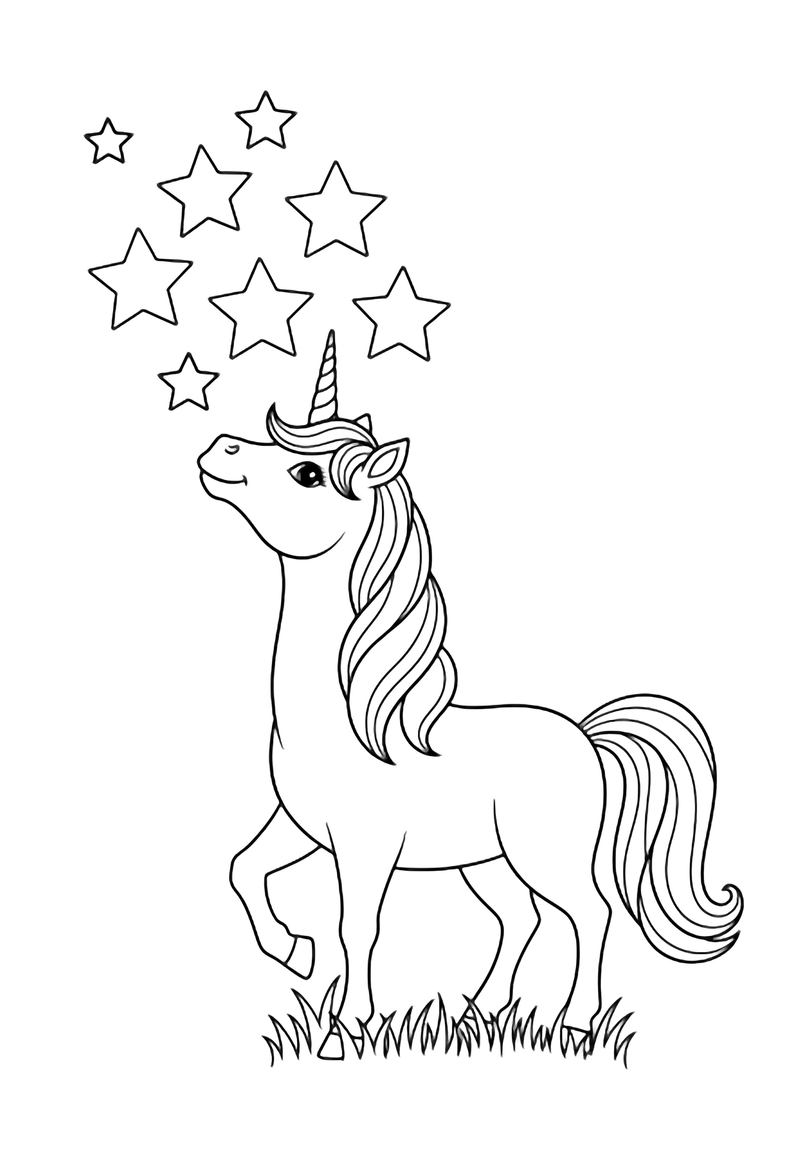 A happy unicorn stands in soft grass, neck raised toward six large five-pointed stars. kleurplaat