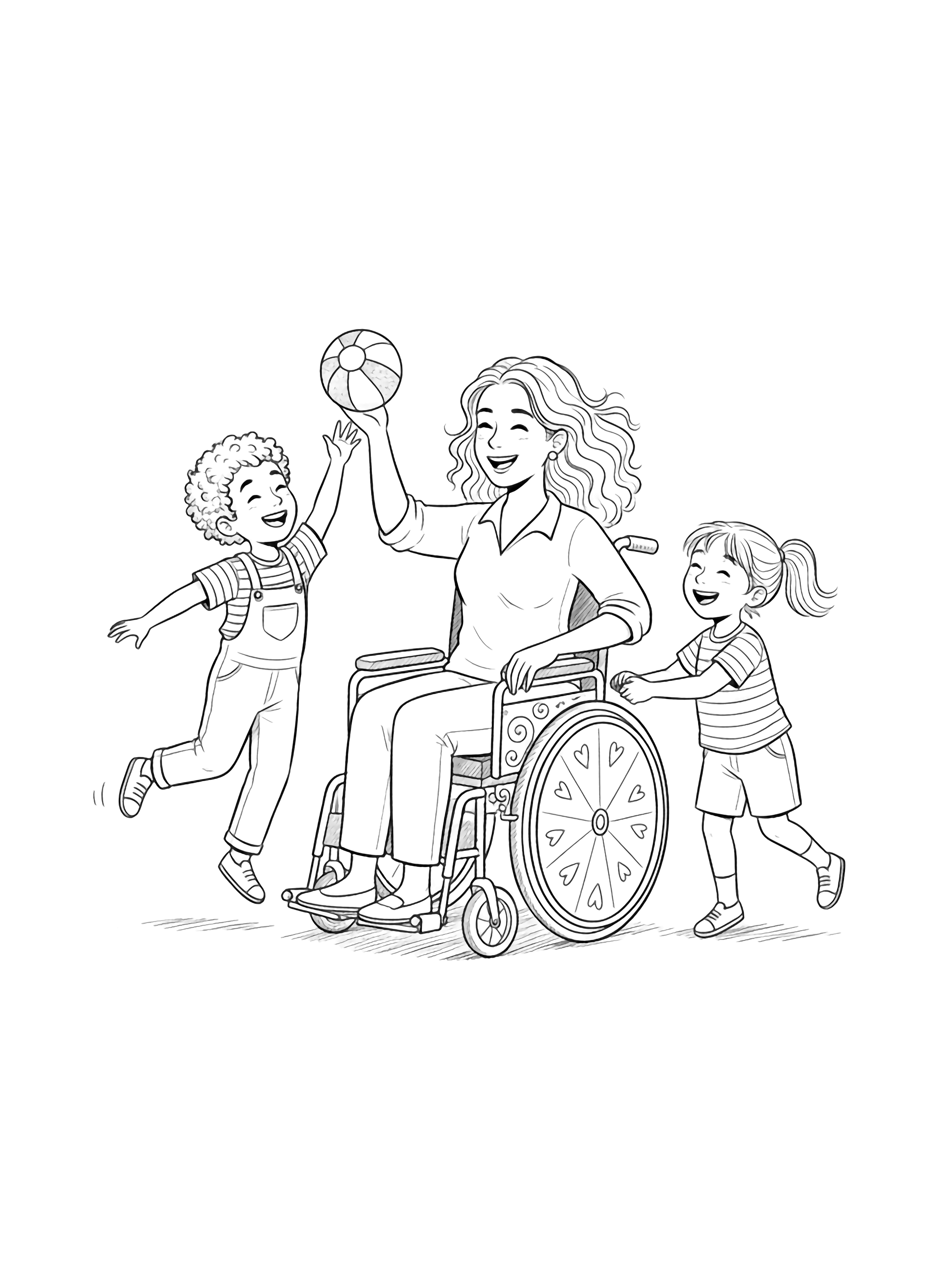 A black and white illustration of two beautiful children of different nationalities playing joyfully with their beloved mama who sits smiling in a cheerful wheelchair decorated with swirling patterns and little hearts One child has curly hair and wears a striped T shirt with playful overalls while the other child has straight hair in a cute ponytail clean black and white line drawing minimal shading no colour no fill kleurplaat