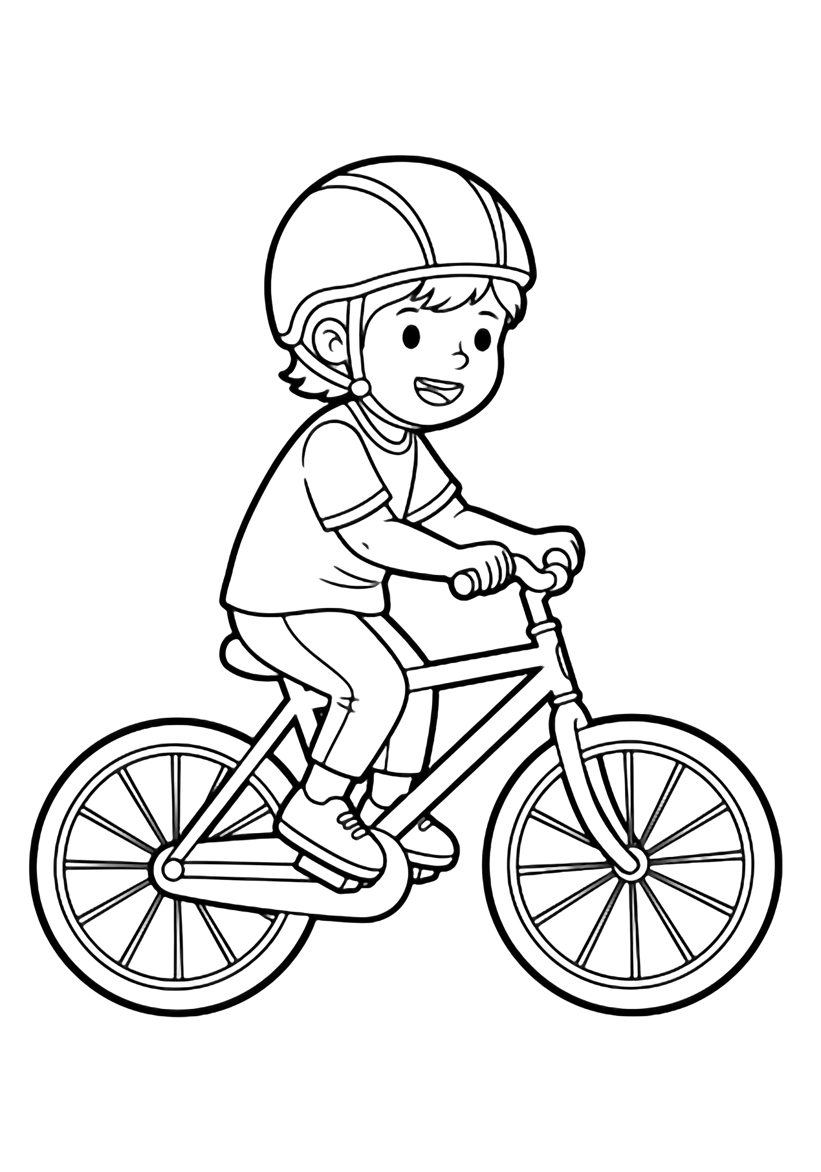 A smiling child in a round helmet pedals a bicycle, wheels spinning, posture joyful against an empty white page. kleurplaat