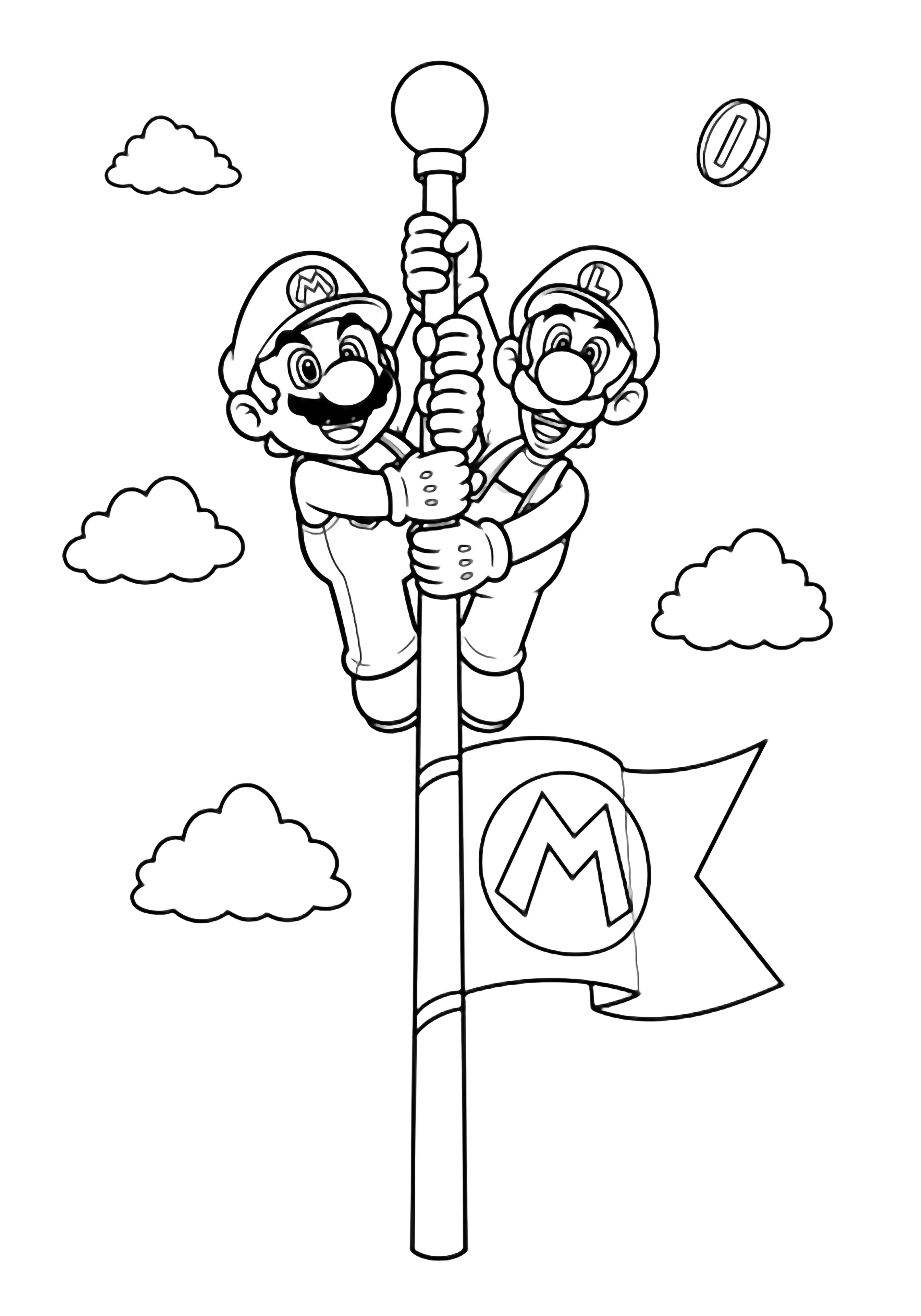 Mario and Luigi cheer while clinging to a tall flagpole; a bold "M" banner flaps, clouds drift, and a coin glints nearby. kleurplaat