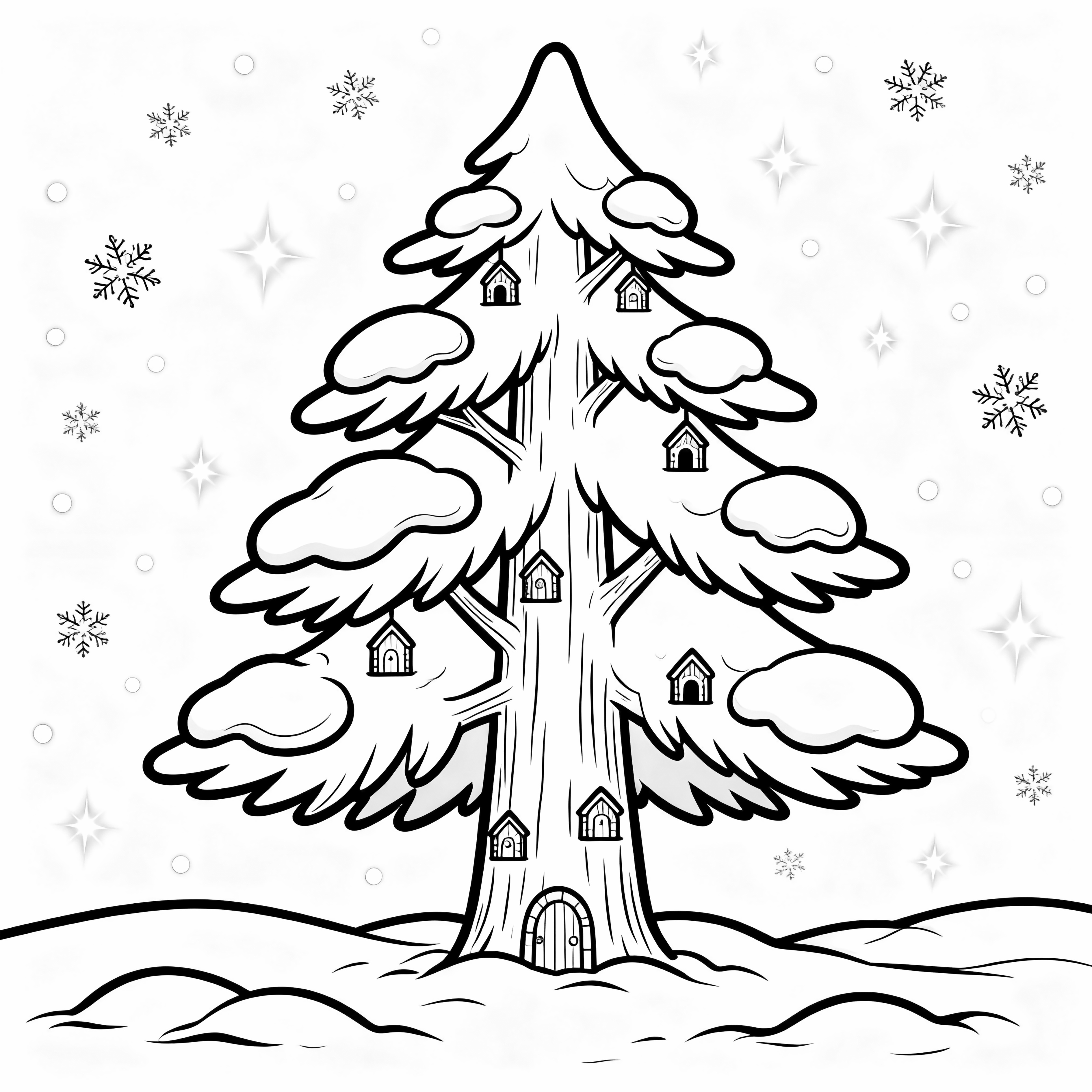 Een hoge pijnboom met kleine feeëndeurtjes langs de stam, sneeuw op de takken, sneeuwduinen eronder, glinstering en dwarrelende vlokken eromheen. kleurplaat
