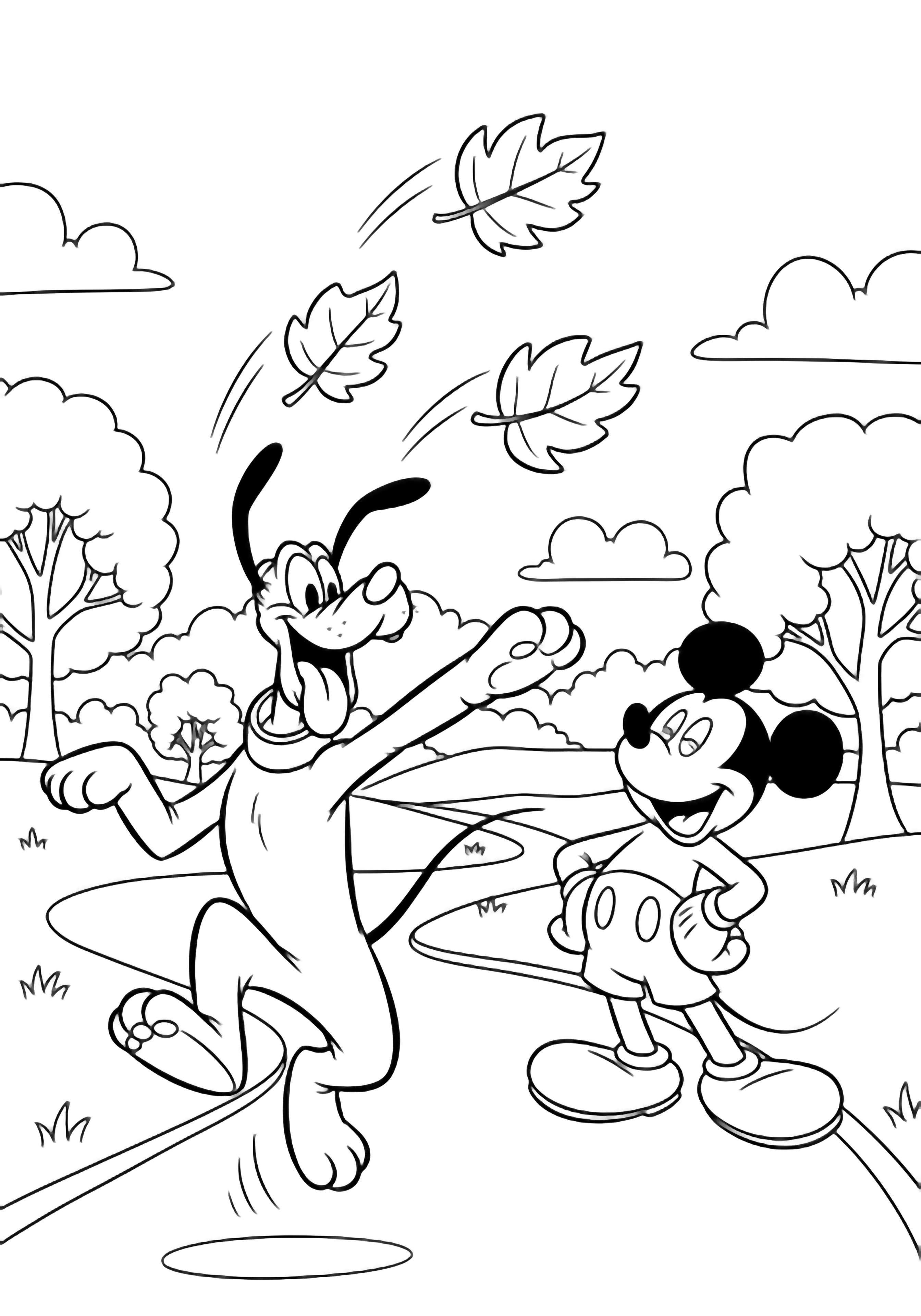 Pluto springs upward after three drifting leaves while Mickey, hands on hips, laughs behind on a park path, simple trees and clouds around. kleurplaat