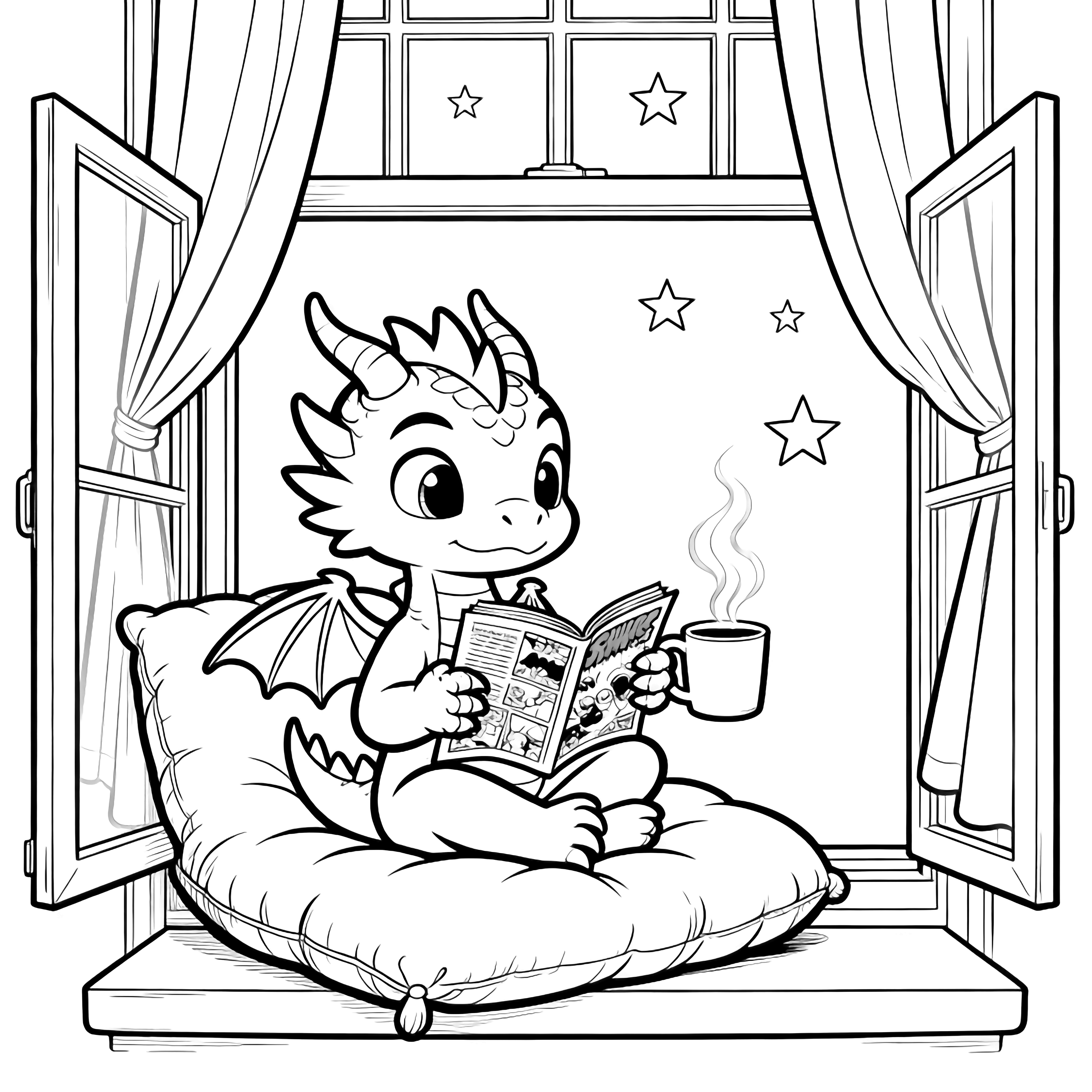 Baby dragon cross-legged on a cushion by an open window, reading a comic book and holding a steaming mug, curtains fluttering, stars outside. kleurplaat