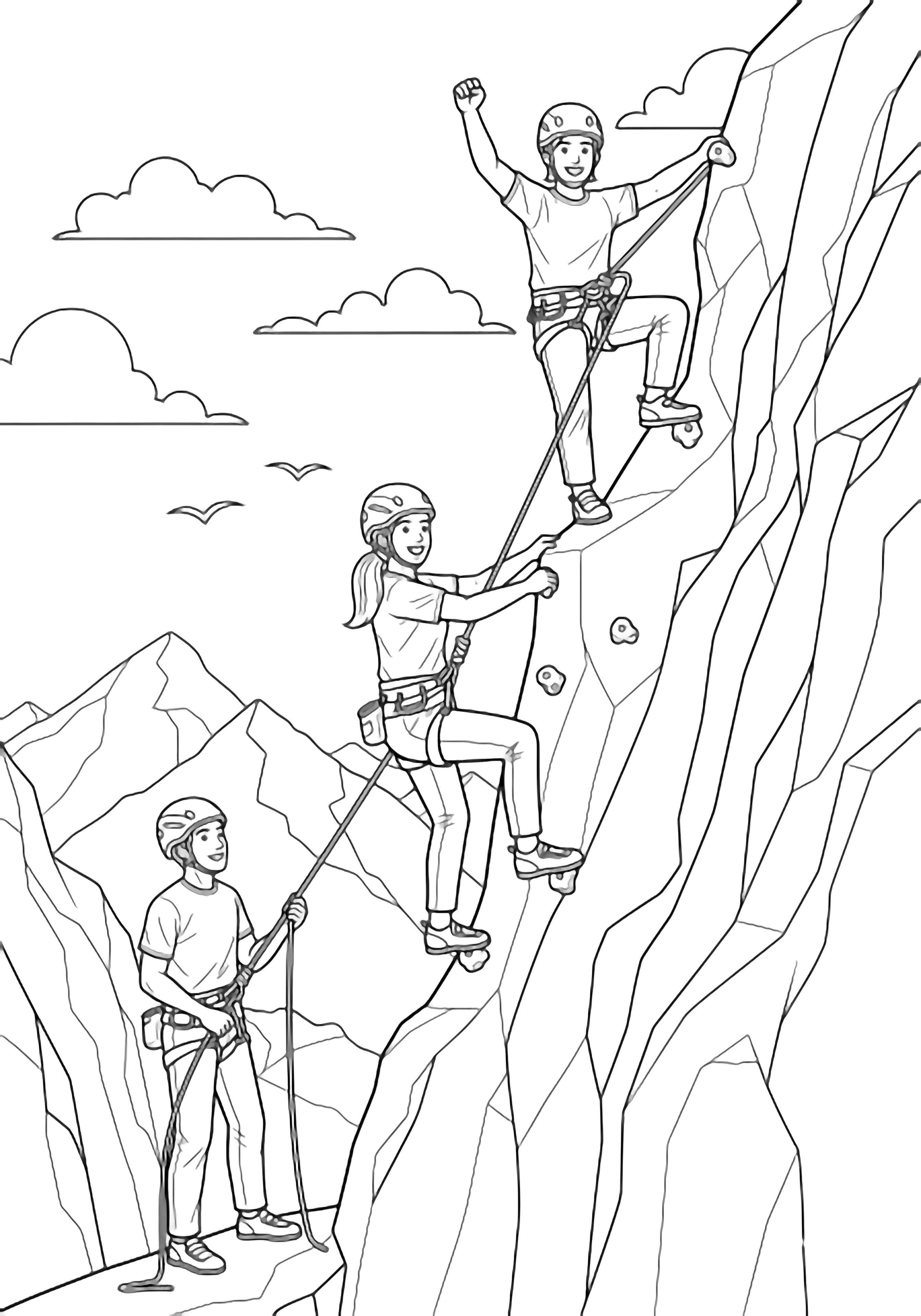 Three helmeted friends climb a jagged cliff with ropes; one tops out, one ascends, one belays below, framed by simple clouds, birds, and a distant mountain ridge. kleurplaat