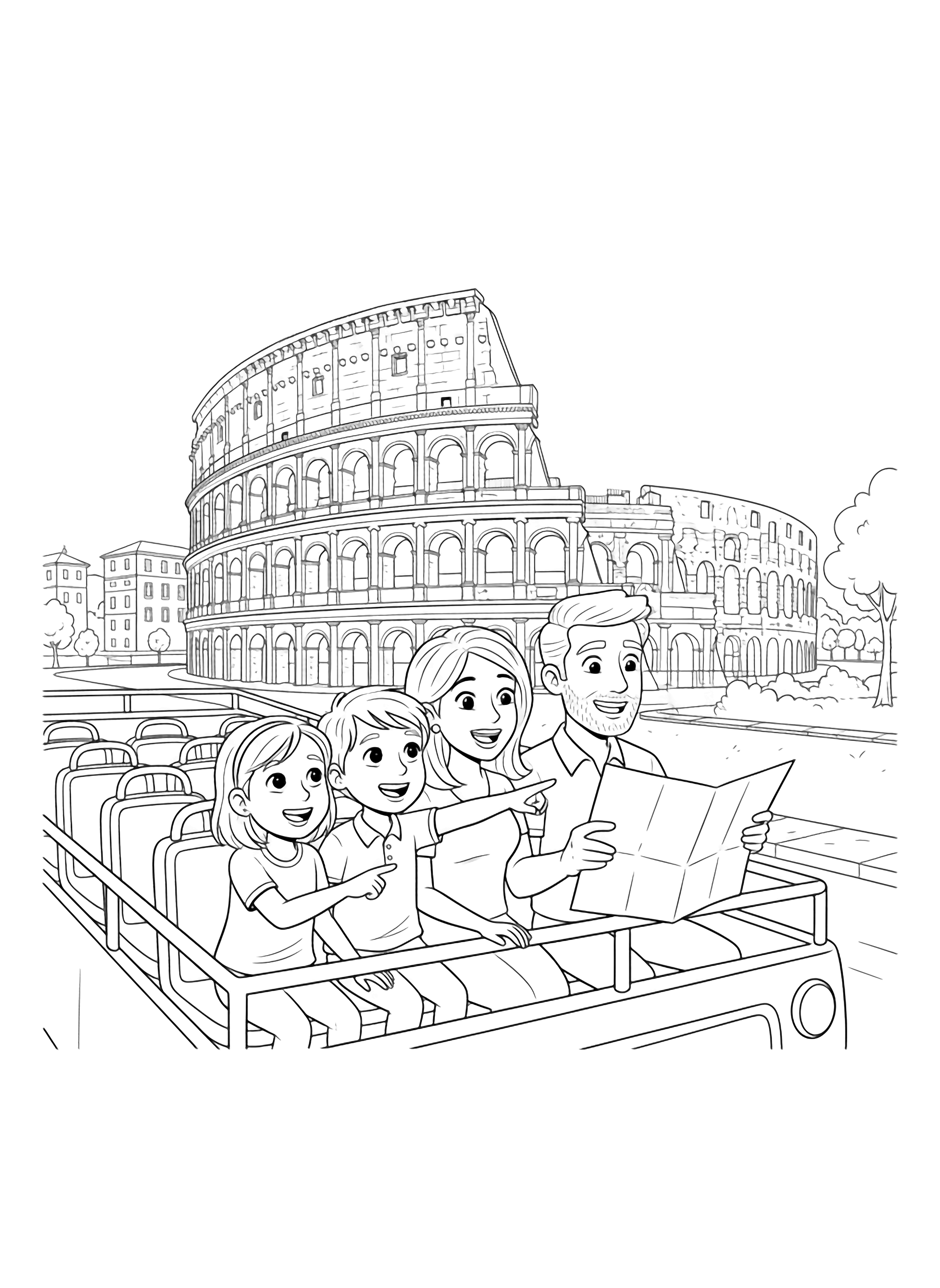 A black and white page showing two happy children with their parents riding in an open top hop on hop off bus through the streets of Rome The children are excitedly pointing at the Colosseum as they pass by their faces full of wonder The parents smile warmly with the father holding a city map and clean black and white line drawing minimal shading no colour no fill kleurplaat