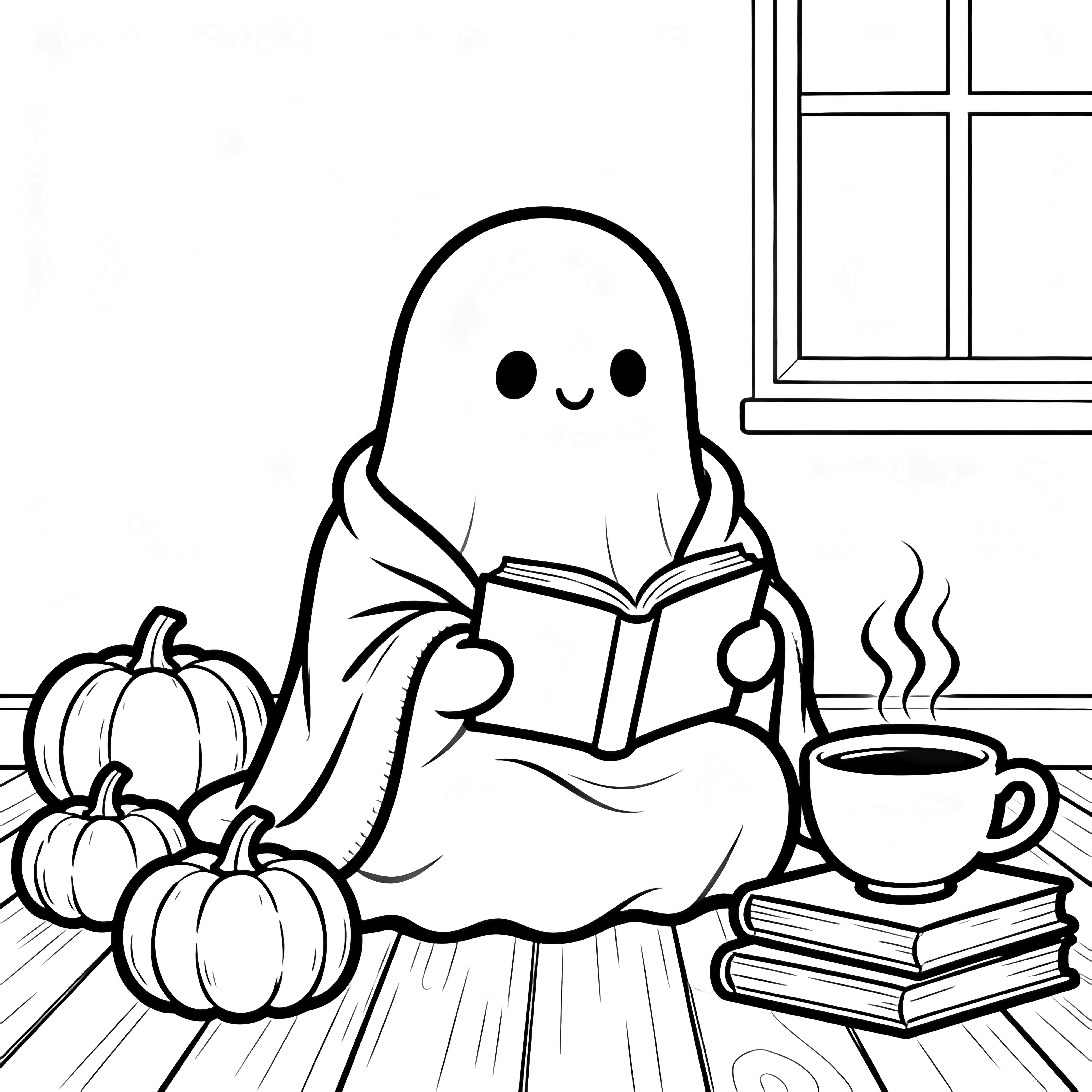 Kawaii ghost wrapped in blanket reading book, teacup steaming nearby, three pumpkins and stacked books scattered, window and floorboards behind. kleurplaat