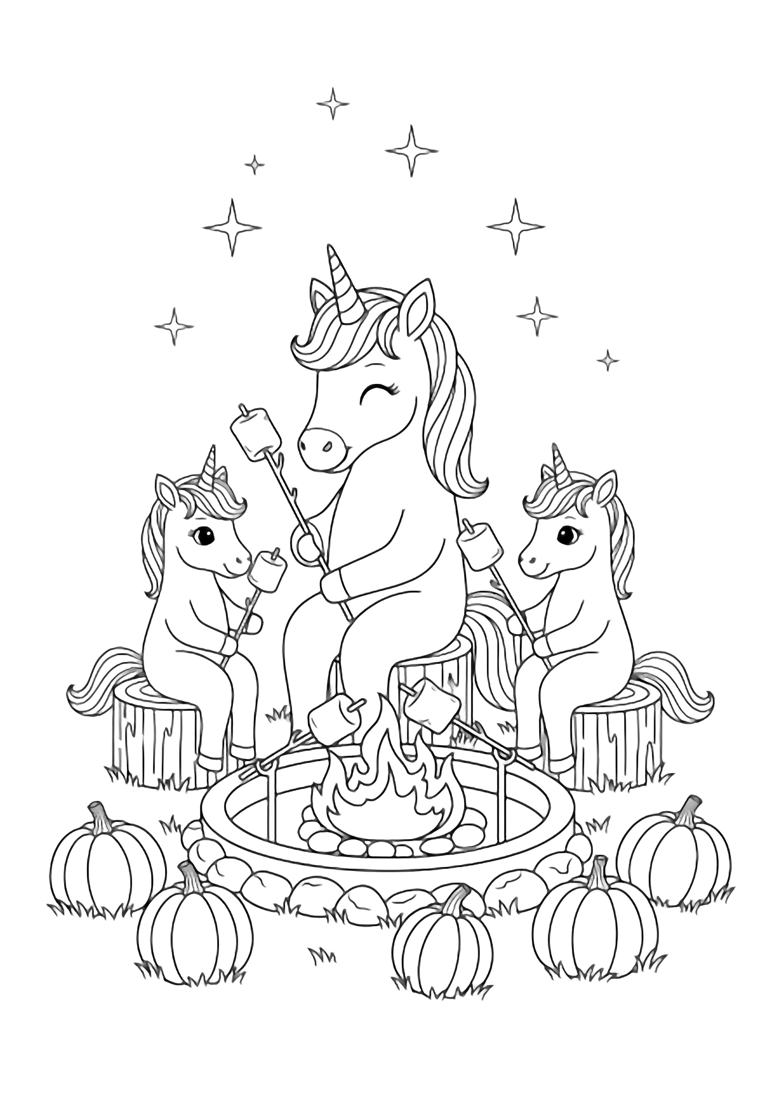 A smiling parent unicorn and two foals on log stools toast marshmallows over a firepit, pumpkins on grass, stars above. kleurplaat
