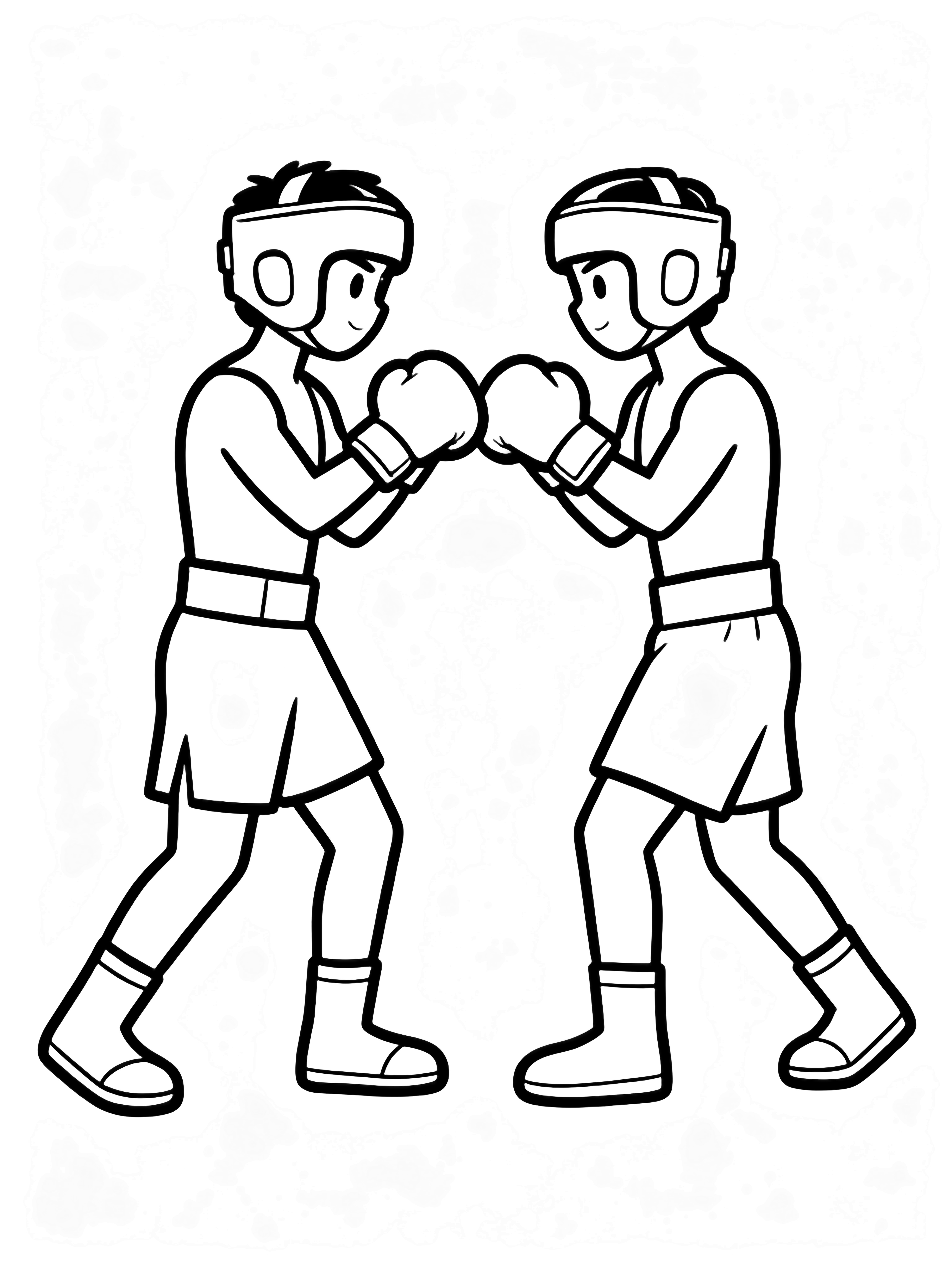 Two cartoon boxers in fighting stance, gloves touching, wearing shorts, headgear and shoes on white. kleurplaat