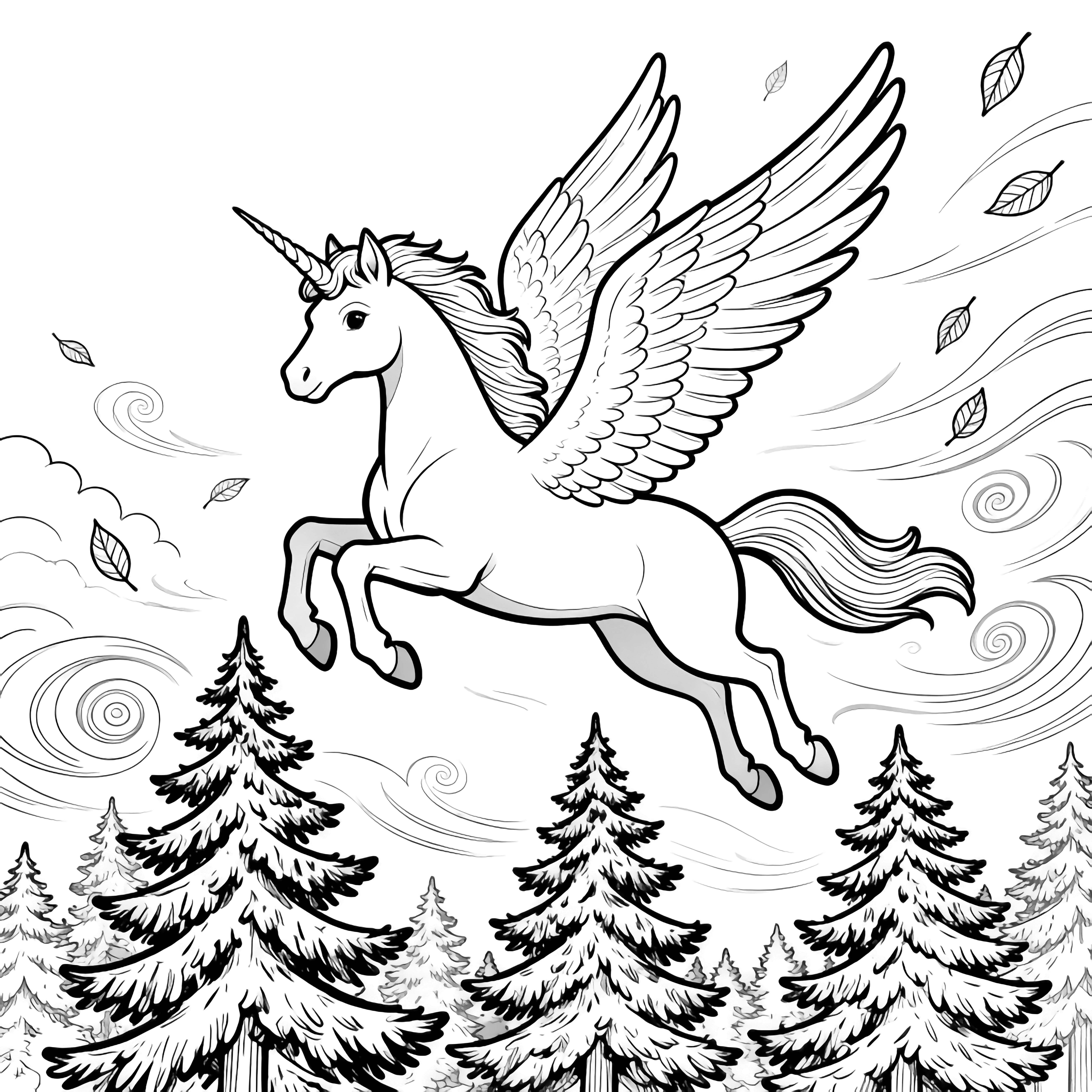 A pegasus pony glides above pine trees, wings wide, amid swirling winds and spiraling leaves. kleurplaat