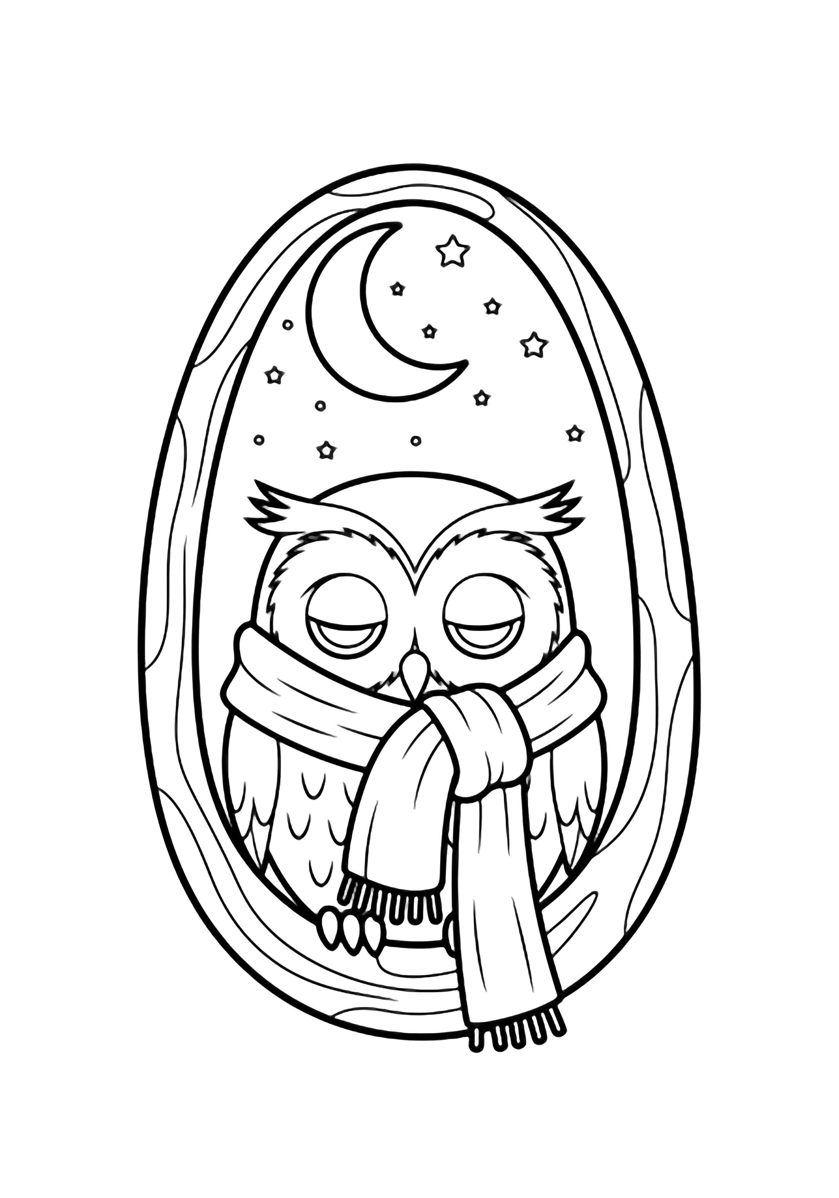 A drowsy owl with big round eyes and a double-wrapped scarf rests inside an oval tree hollow, crescent moon and tiny stars above. kleurplaat