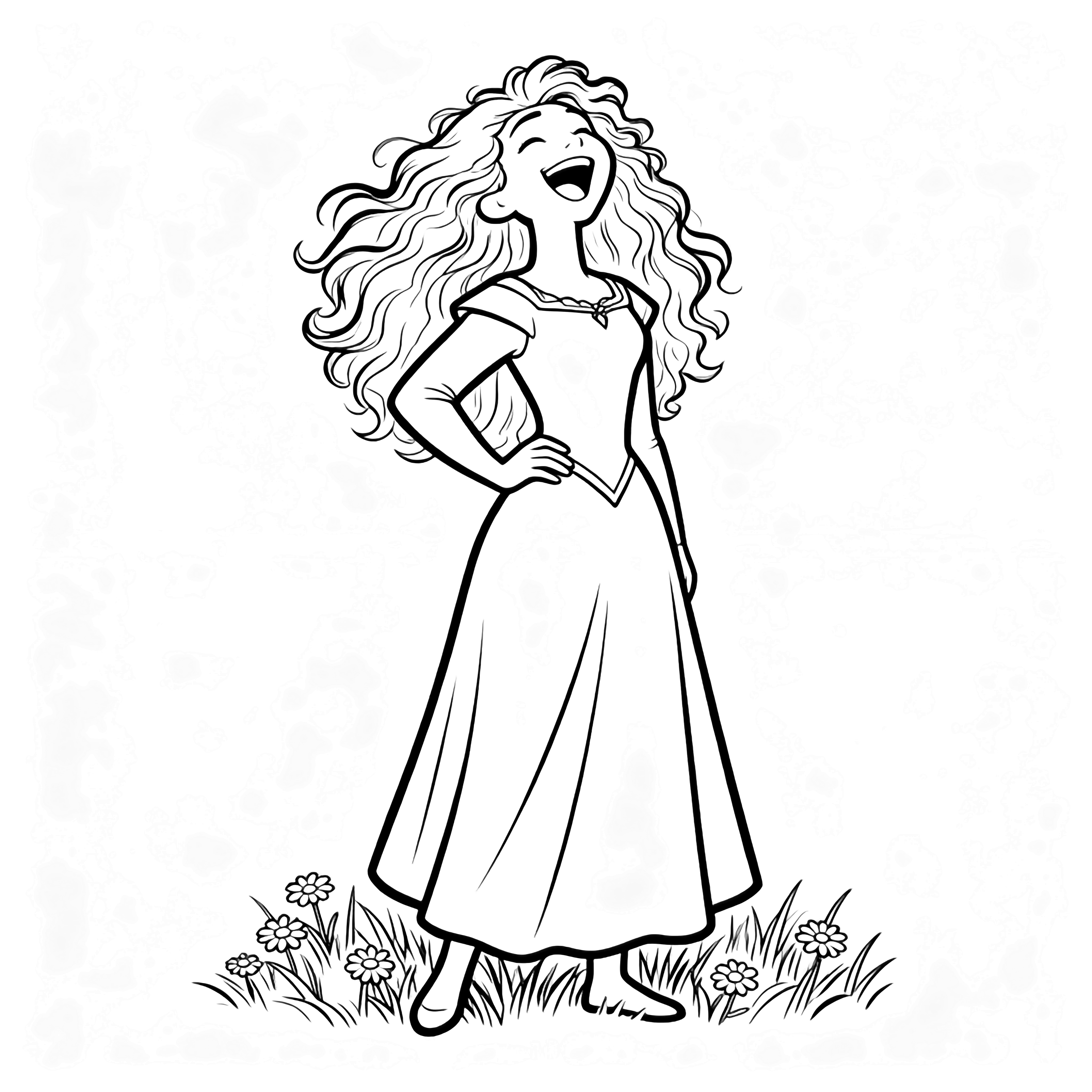 Merida lacht met haar hoofd achterover, één hand op haar heup, wild haar los, eenvoudige jurk, gras en kleine madeliefjes rond haar voeten. kleurplaat