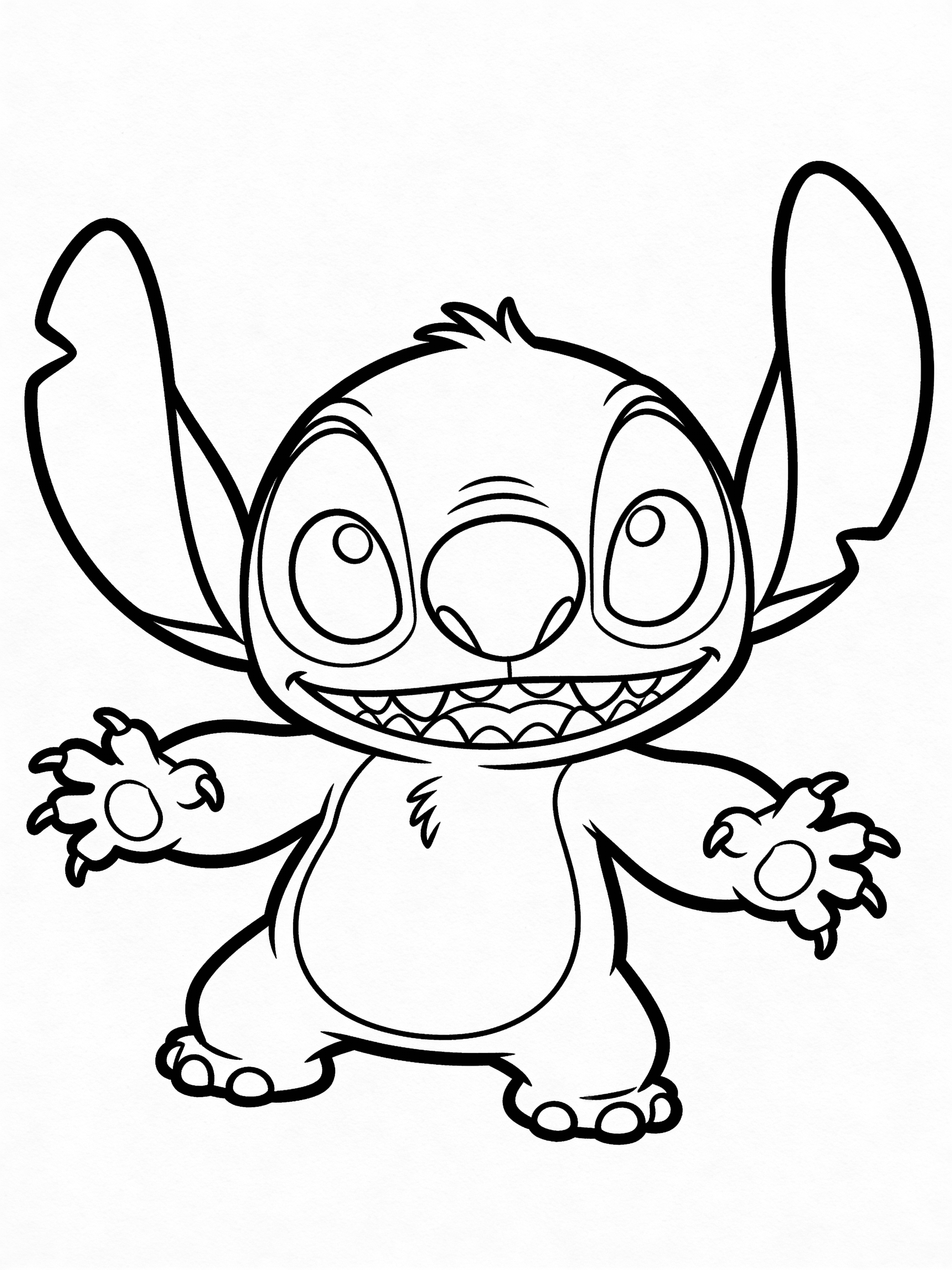 A cheerful alien creature with big ears, round belly and stubby limbs stands with arms wide open on an empty page. kleurplaat