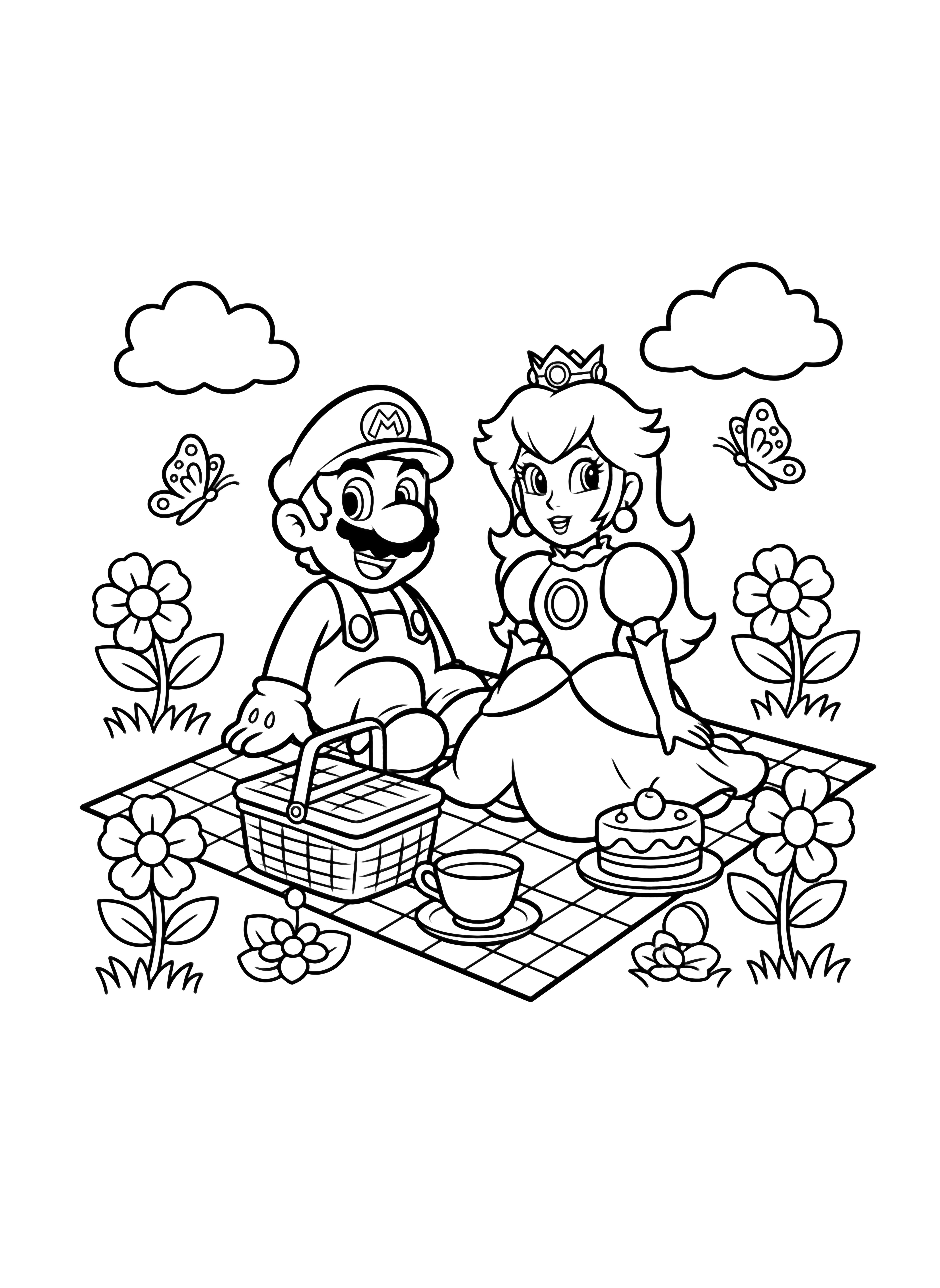 Mario and Peach smile on a picnic blanket, surrounded by flowers, butterflies, clouds, a basket, teacup, and cake. kleurplaat