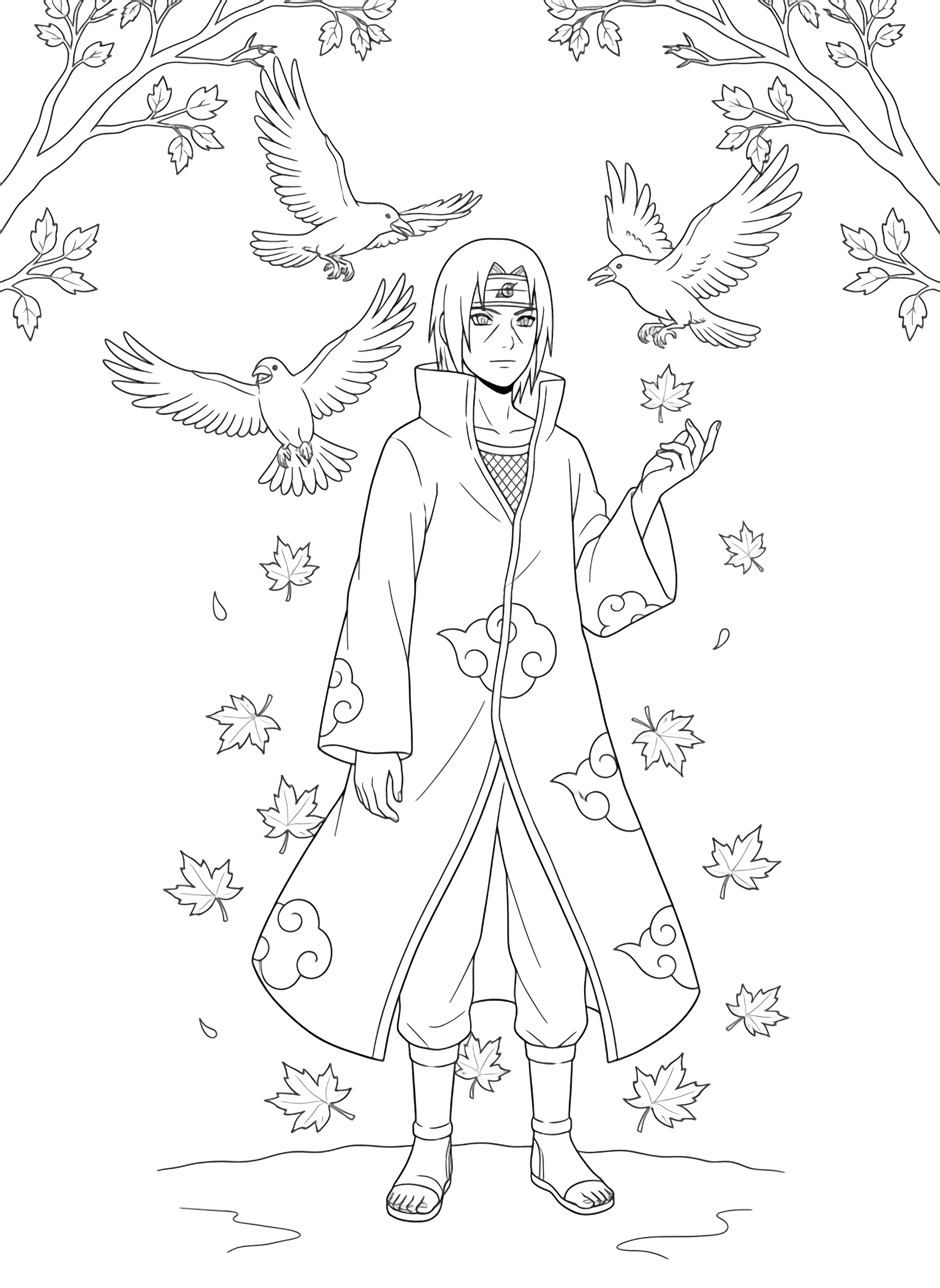 Itachi in a long coat stands calmly with one hand raised, maple leaves drifting around him and three crows gliding behind. kleurplaat