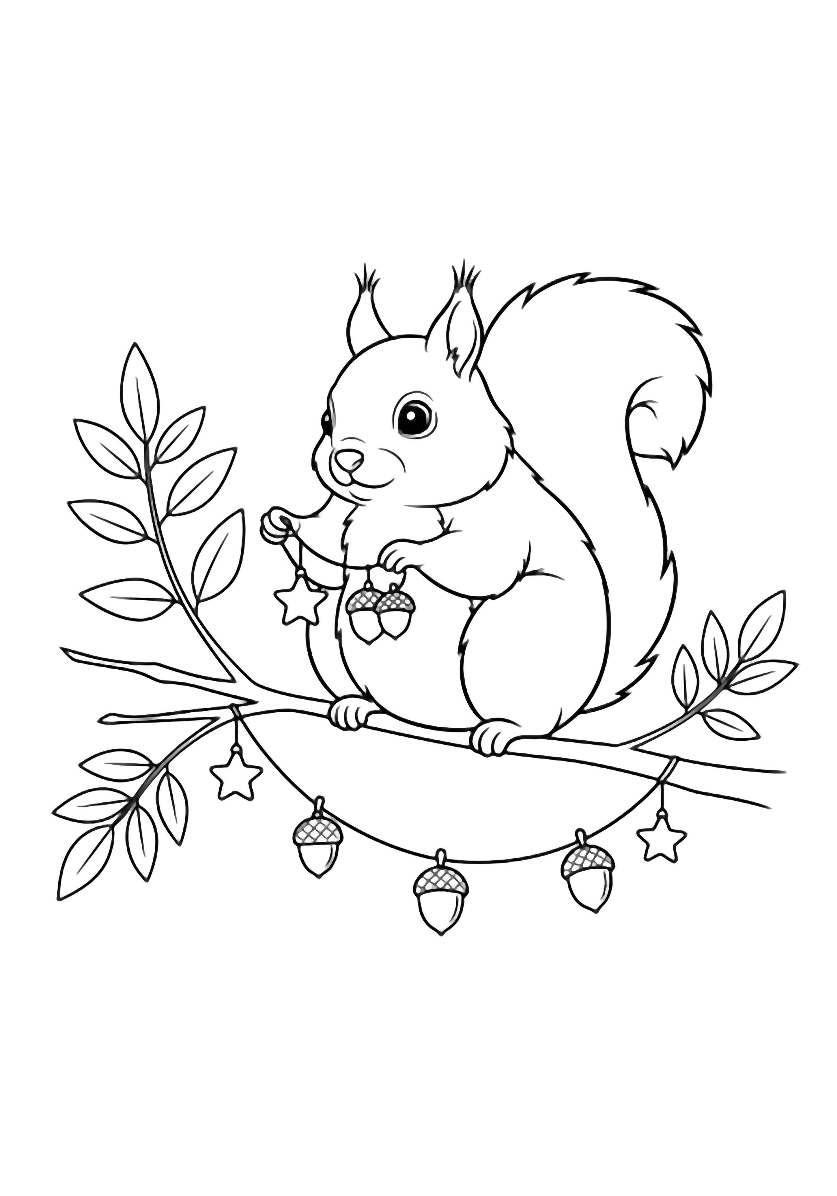 Chubby squirrel on a slim branch threading acorn ornaments between twigs, fluffy tail curled, leaf clusters and star ornaments around. kleurplaat