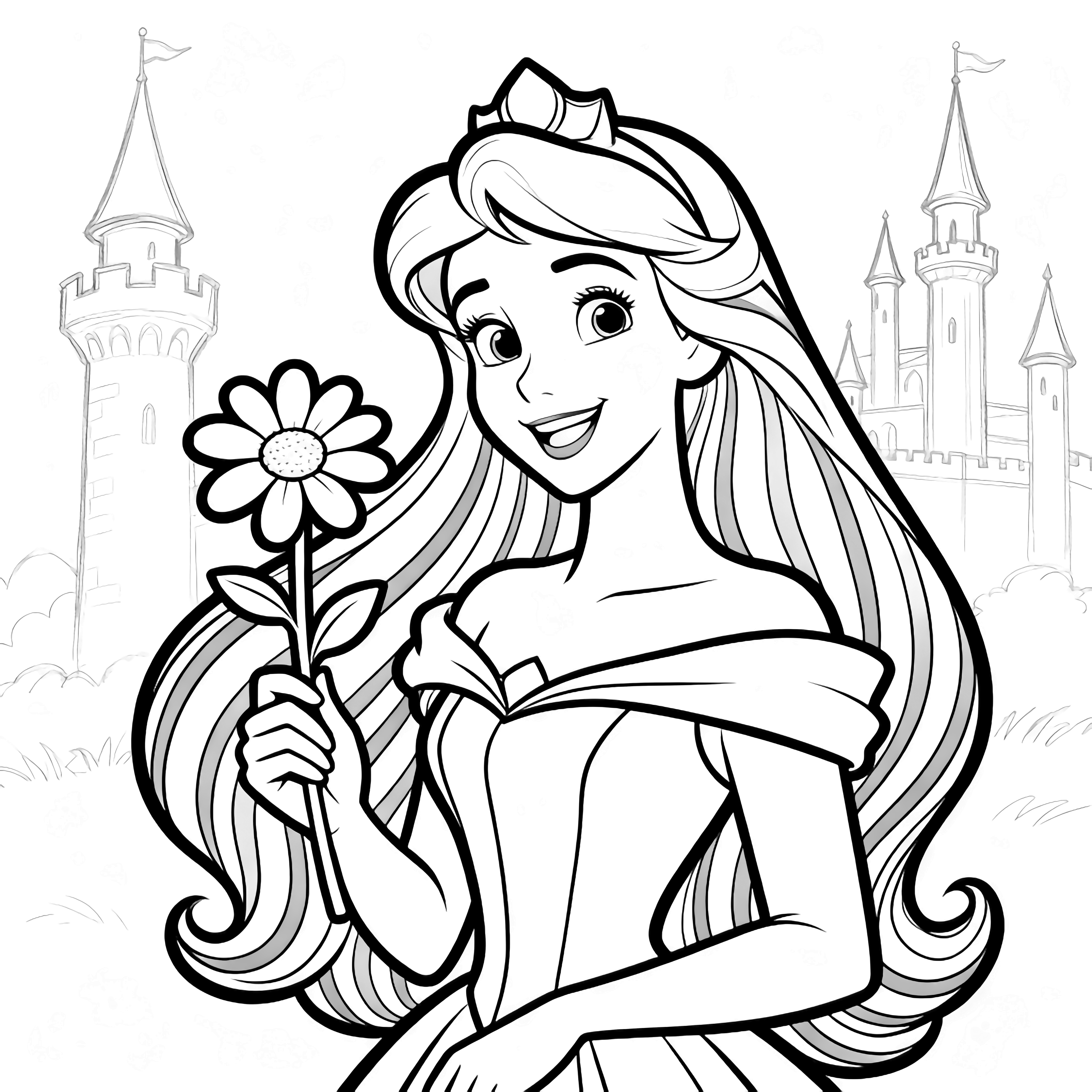 Aurora stands smiling, clutching a five-petaled daisy; her long striped hair drifts as simple castle towers rise behind her. kleurplaat