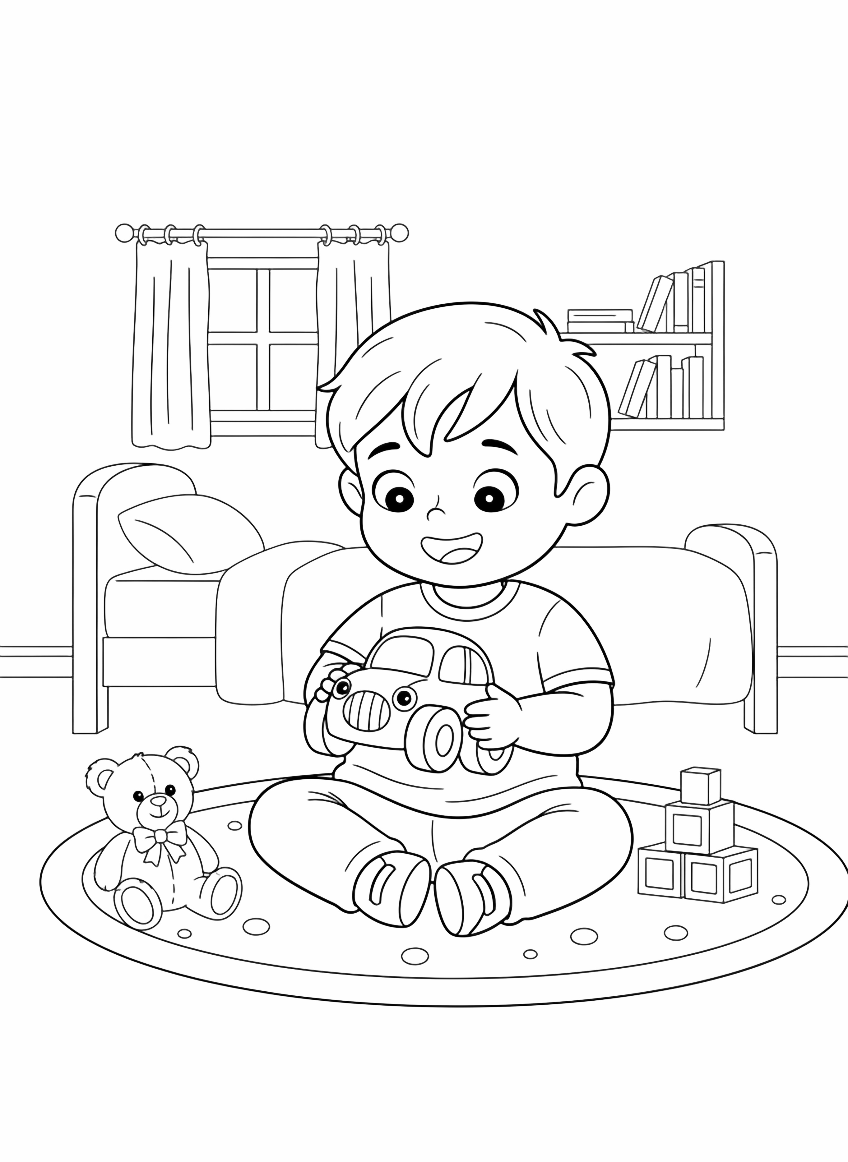 A black and white page of a cheerful 3 year old child sitting cross legged on a rug in their cozy bedroom happily playing with a chunky toy car The car has chunky wheels and a friendly little face on the front Around the child lie a teddy bear building blocks stacked in a tiny tower a clean black and white line drawing minimal shading no colour no fill kleurplaat