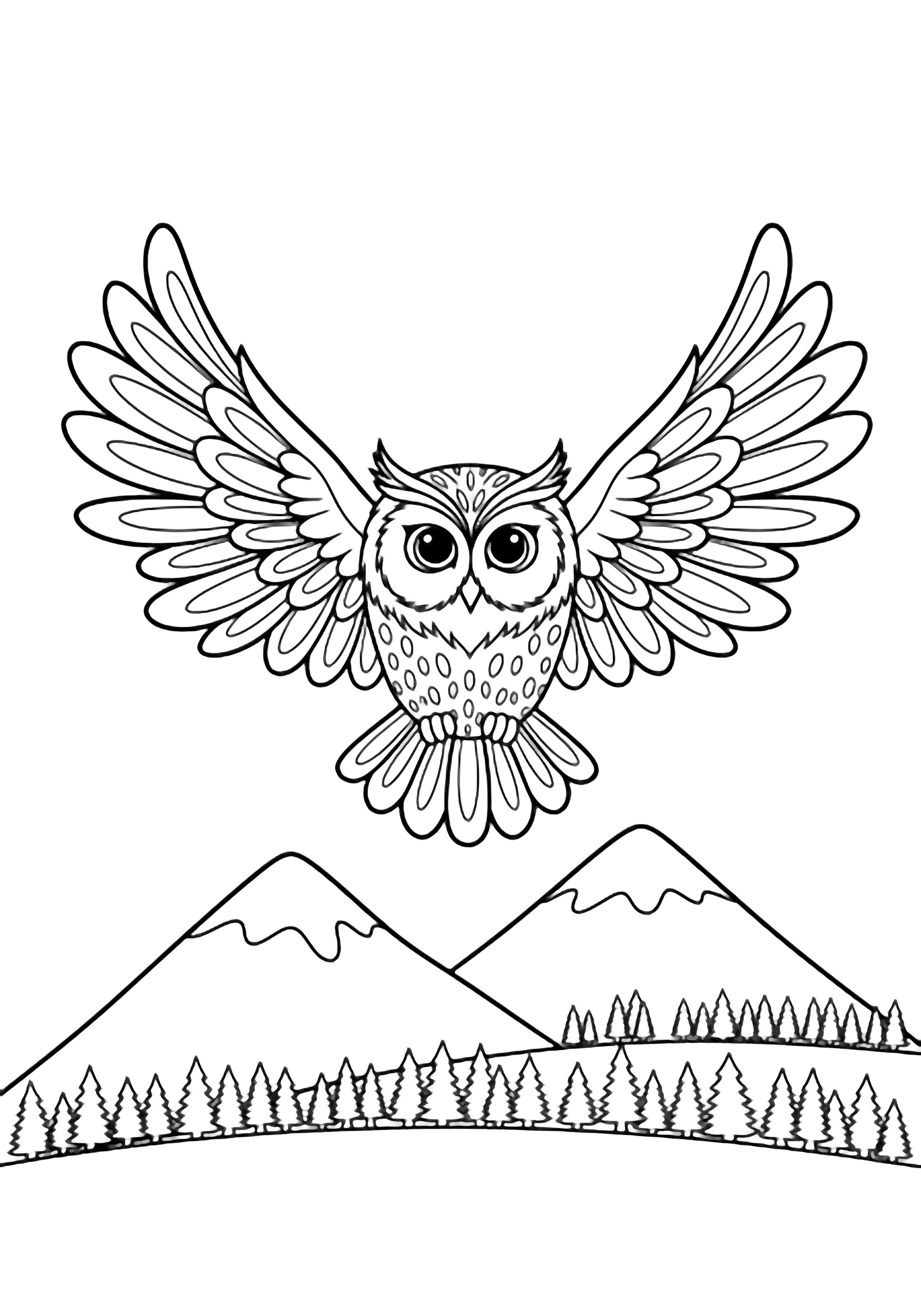 A wide-eyed fantasy owl glides above jagged mountain peaks and tidy forest trees, wings spread wide. kleurplaat