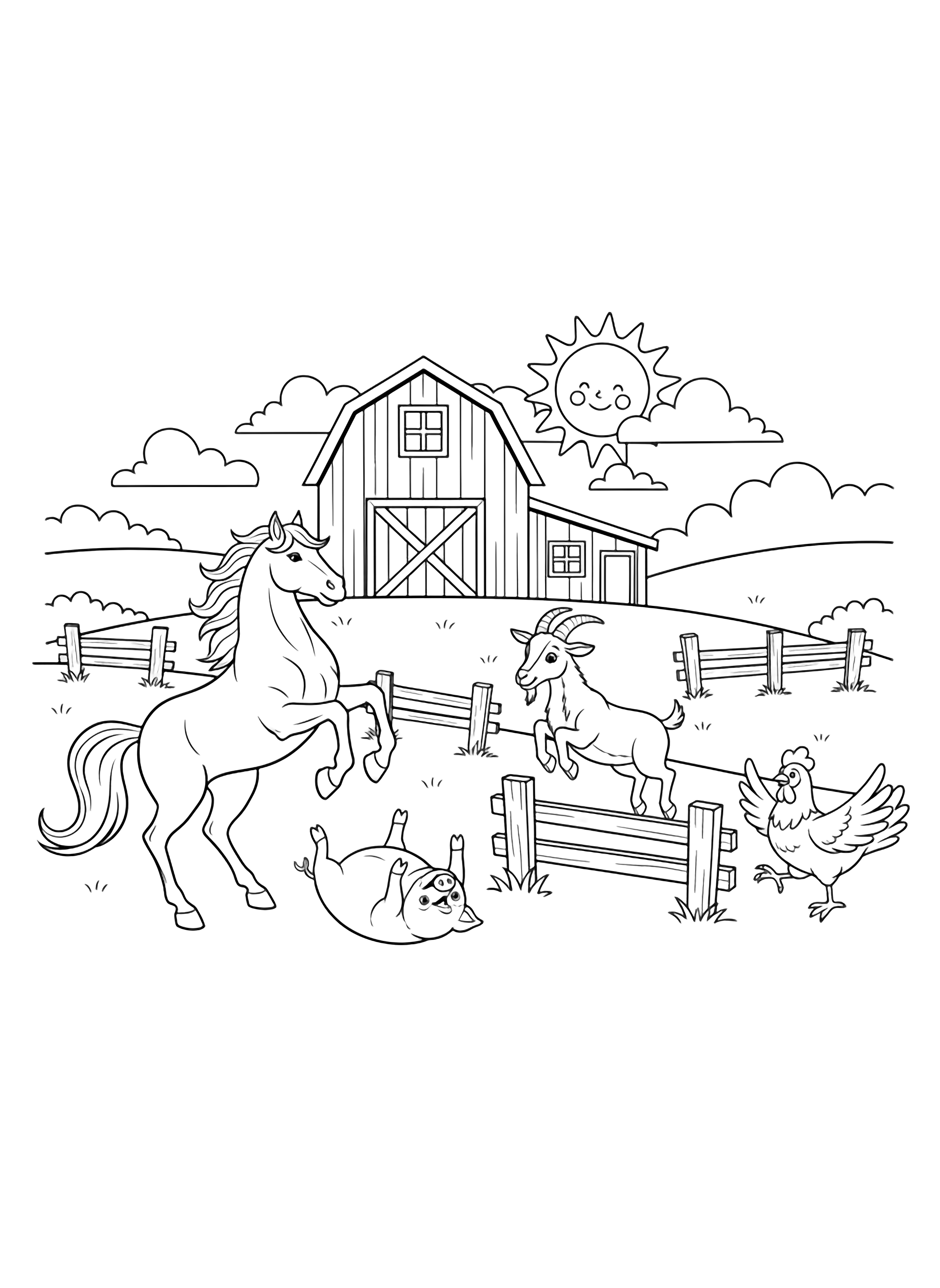 Wide barn on rolling hills, horse rearing, pig rolling, goat jumping, chicken flapping, smiling sun, fence posts, clouds. kleurplaat