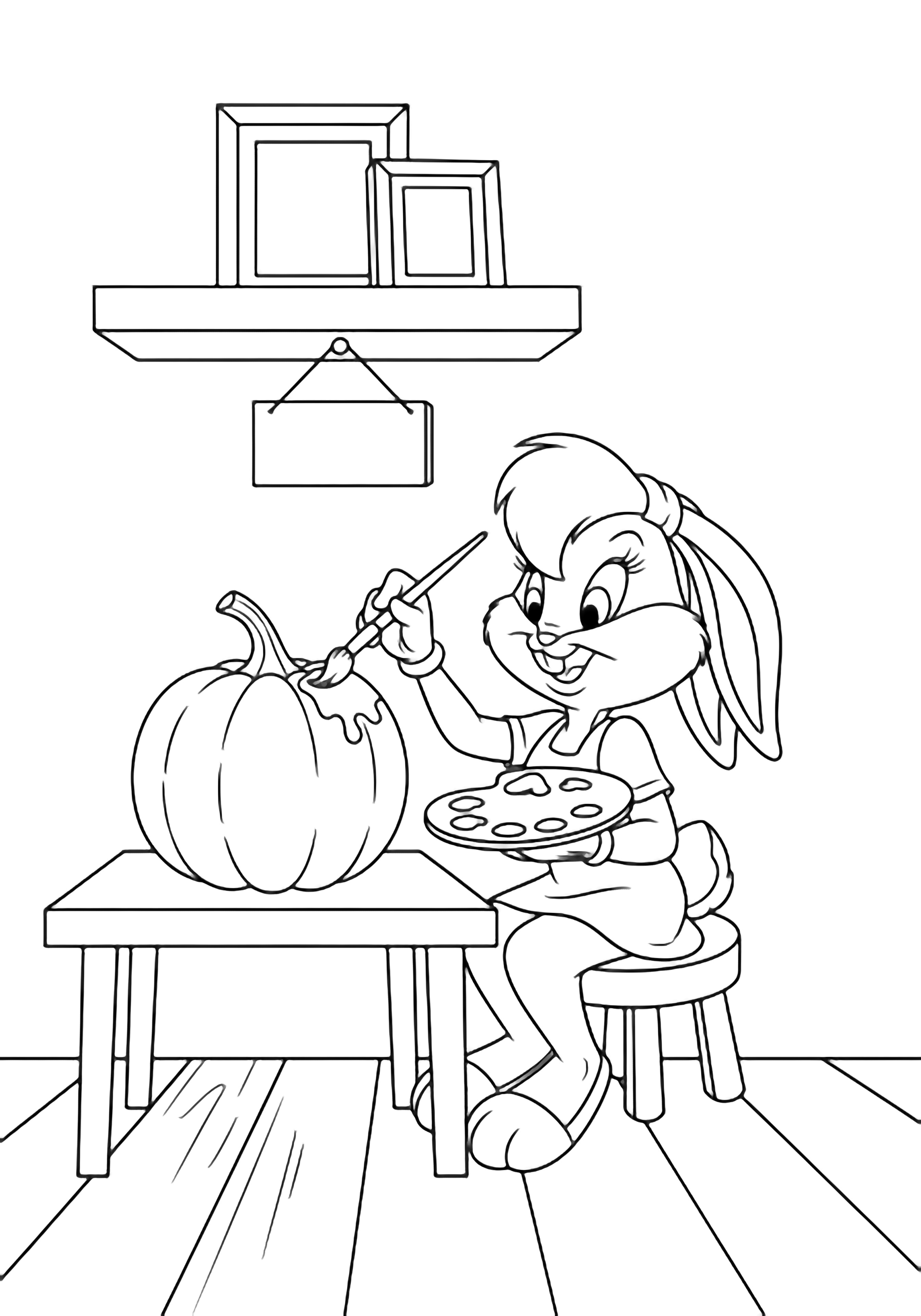 Lola Bunny perched on a stool, painting a large pumpkin at a small table; plain shelf with two empty frames and a hanging sign behind her. kleurplaat