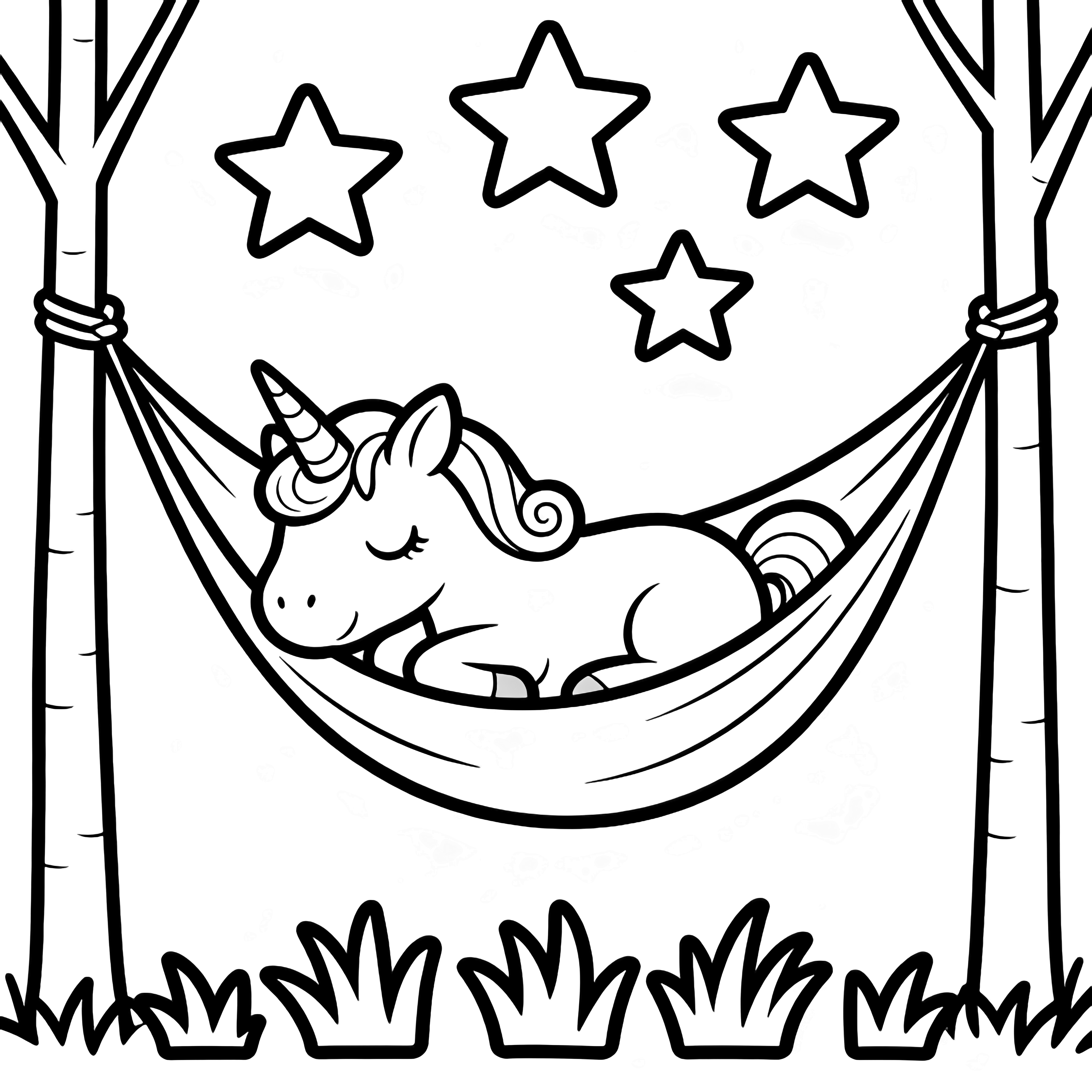 A smiling unicorn with flowing mane naps in a hammock strung between two slim trees, five large stars drifting above five grass tufts. kleurplaat