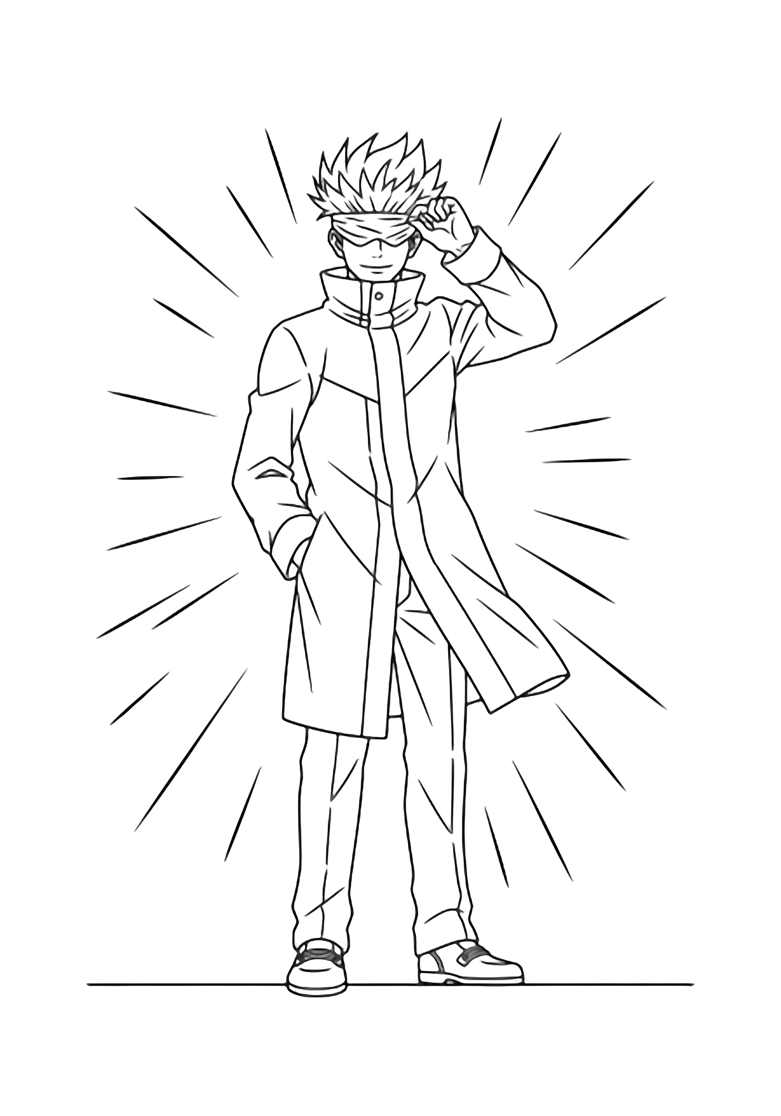 Gojo lifts his blindfold with one hand, coat open, calm smile, speed lines behind, simple ground line kleurplaat