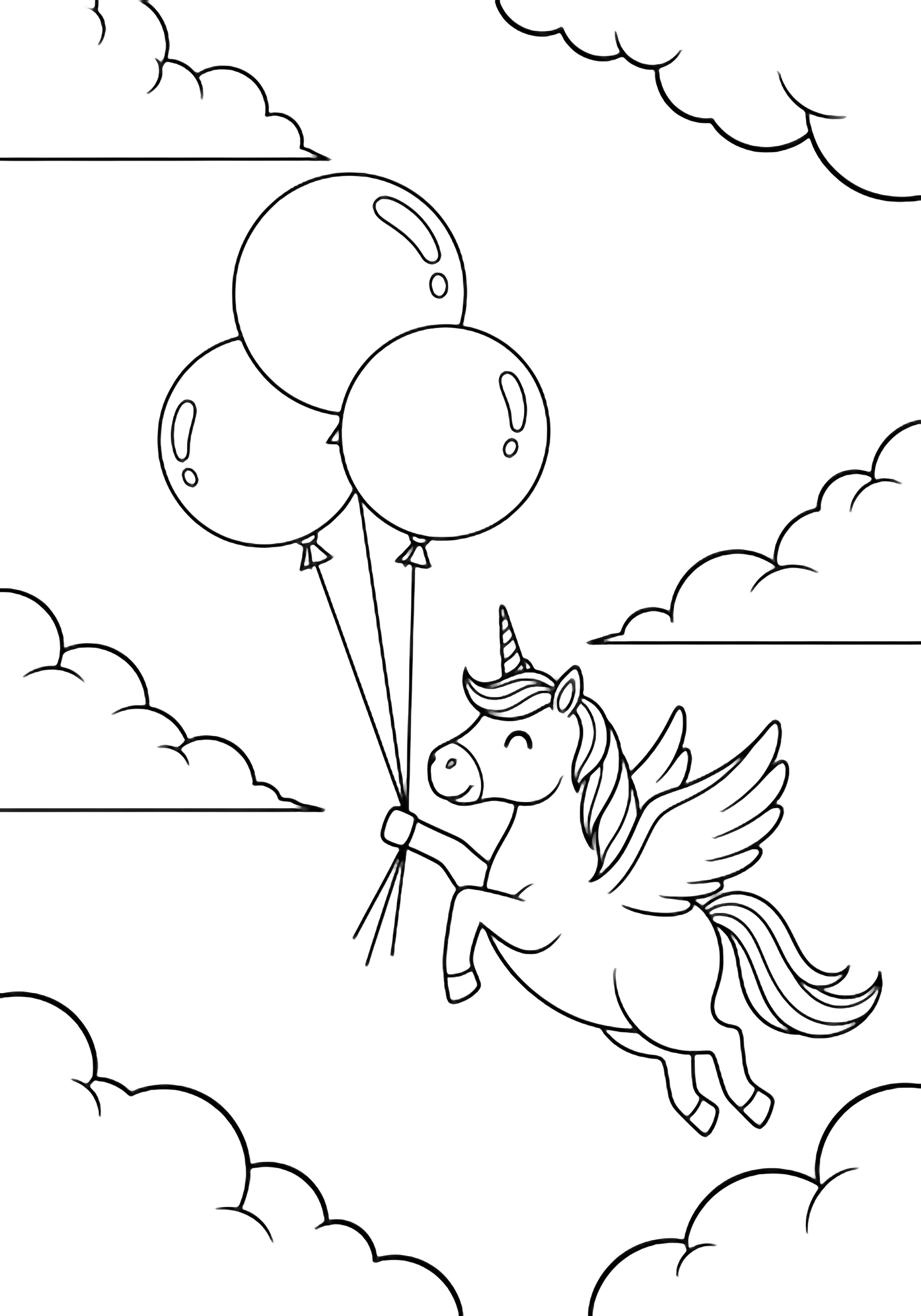 A smiling unicorn flies through the sky holding three round balloons; fluffy clouds drift around it. kleurplaat