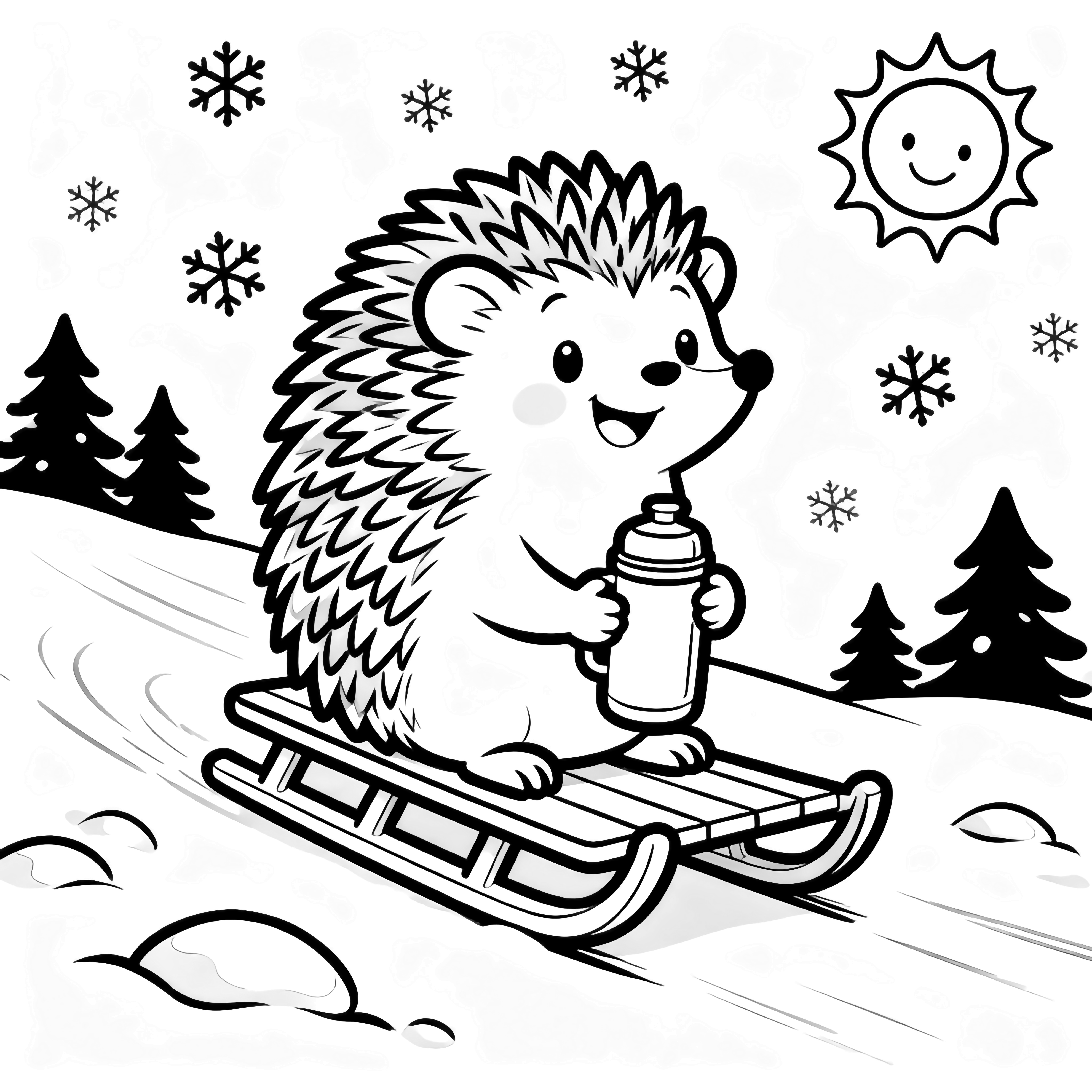A cheerful hedgehog rides a sled down gentle snowy hills, clutching a thermos, with snowflakes, distant pines, and a smiling sun around. kleurplaat