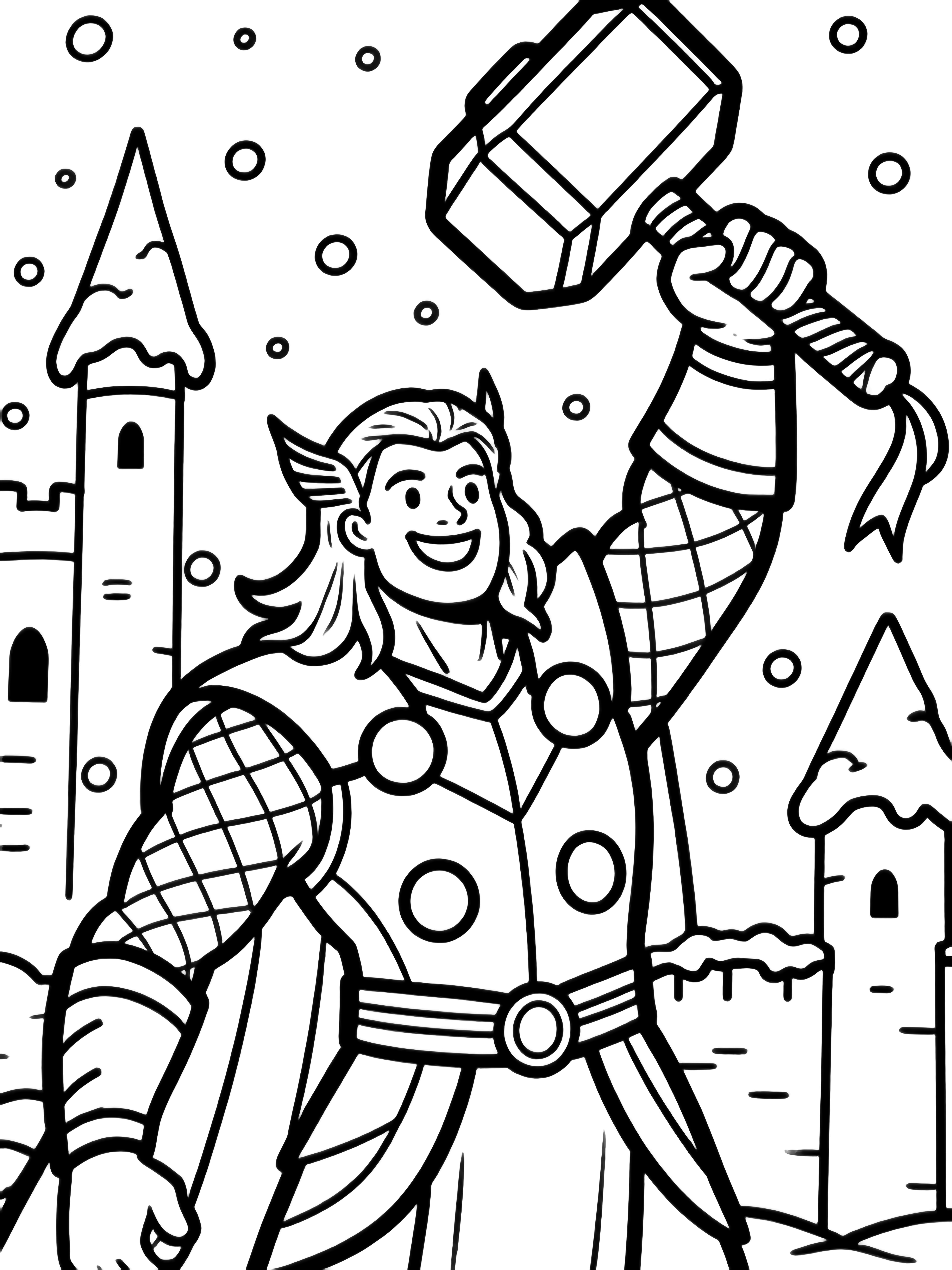 Thor, smiling, raises his ribbon-tied hammer; behind him, Asgard's palace rises with turrets and snowy roofs while fluffy snowflakes drift around. kleurplaat