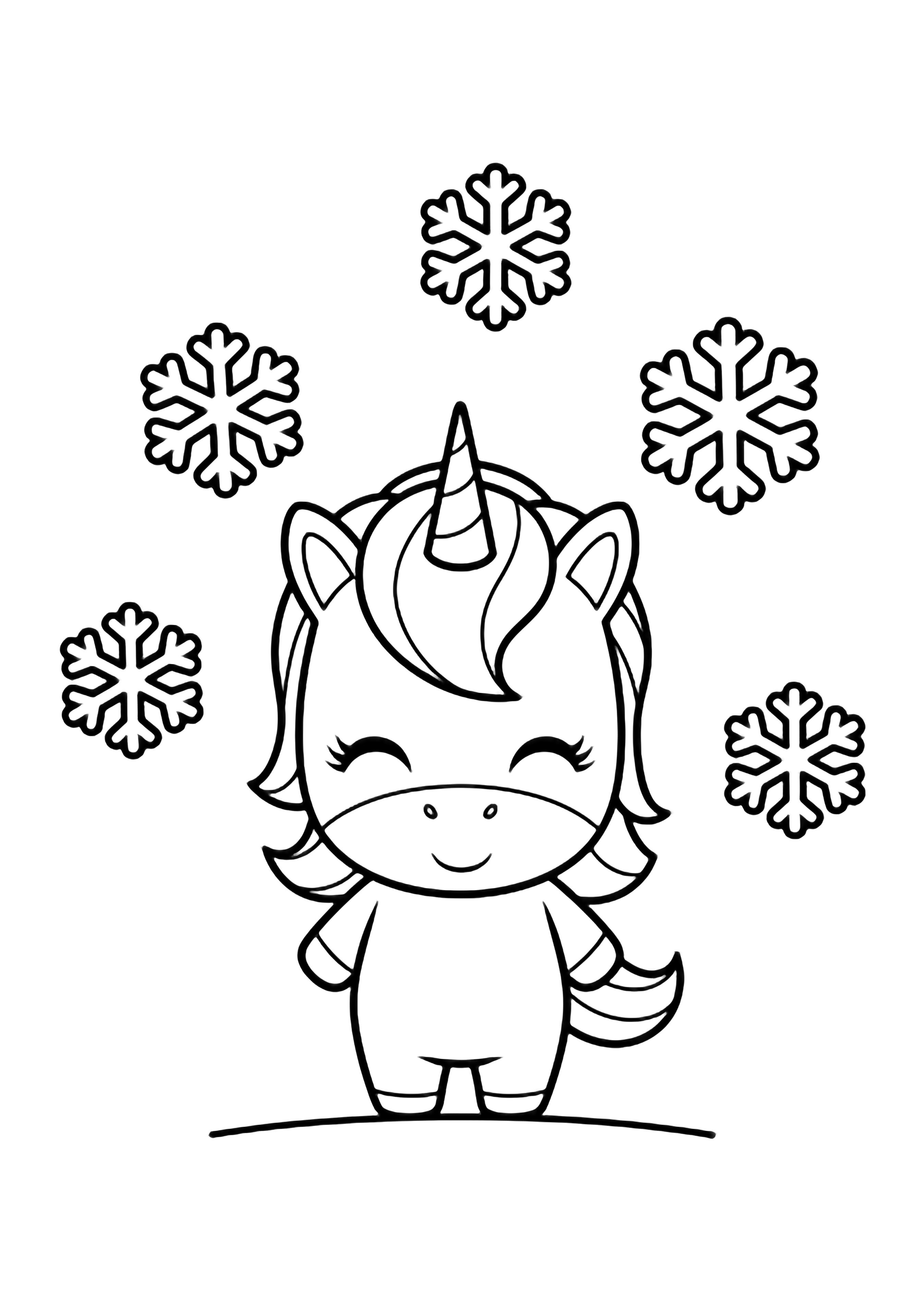 Een kawaii eenhoorn met gesloten ogen en een zachte glimlach staat onder dwarrelende sneeuwvlokken op een eenvoudige grondlijn. kleurplaat