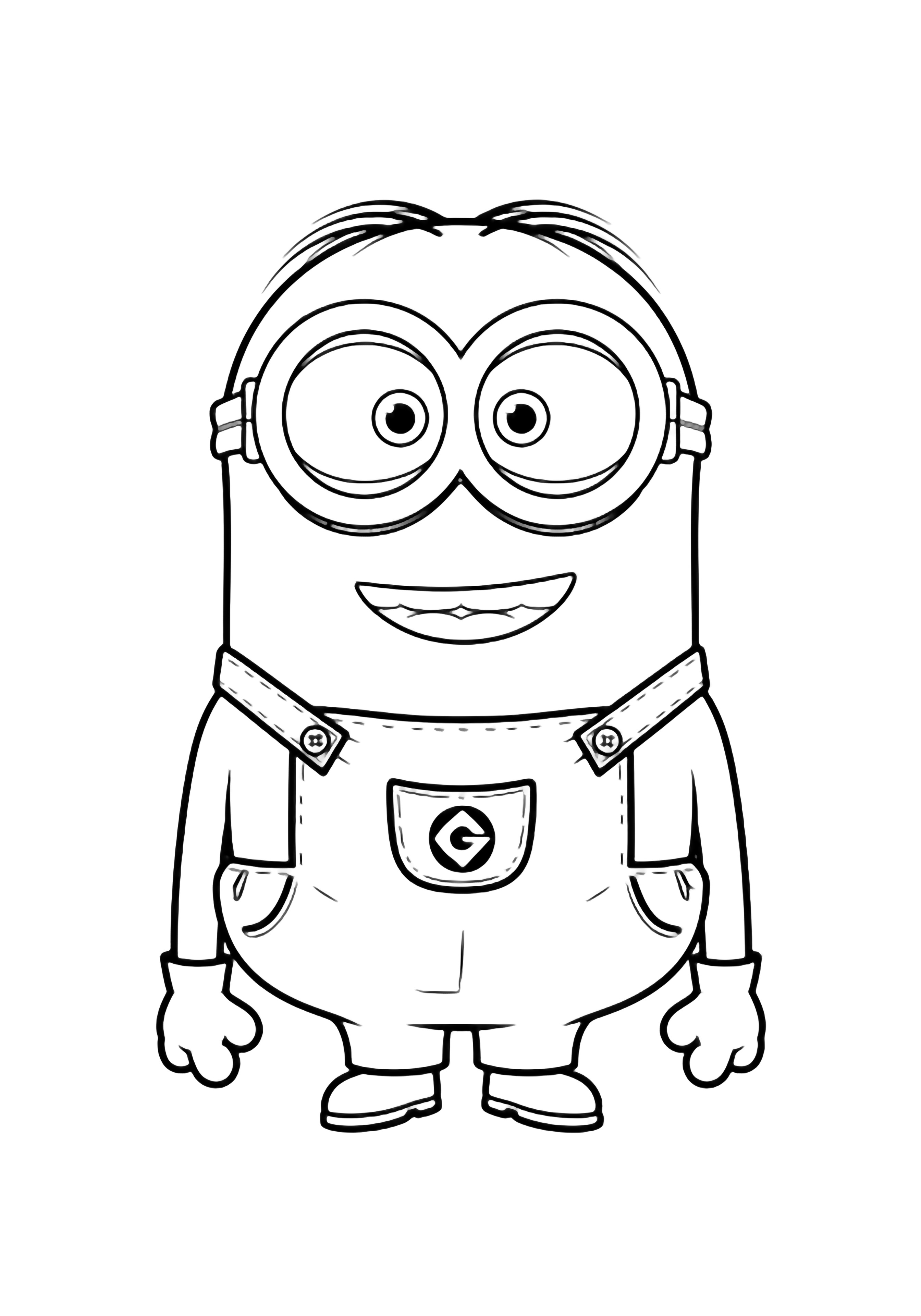 Een vrolijke Minion in een tuinbroek staat glimlachend, met gehandschoende handen langs zijn zijden, grote brillen en nette knopen. kleurplaat