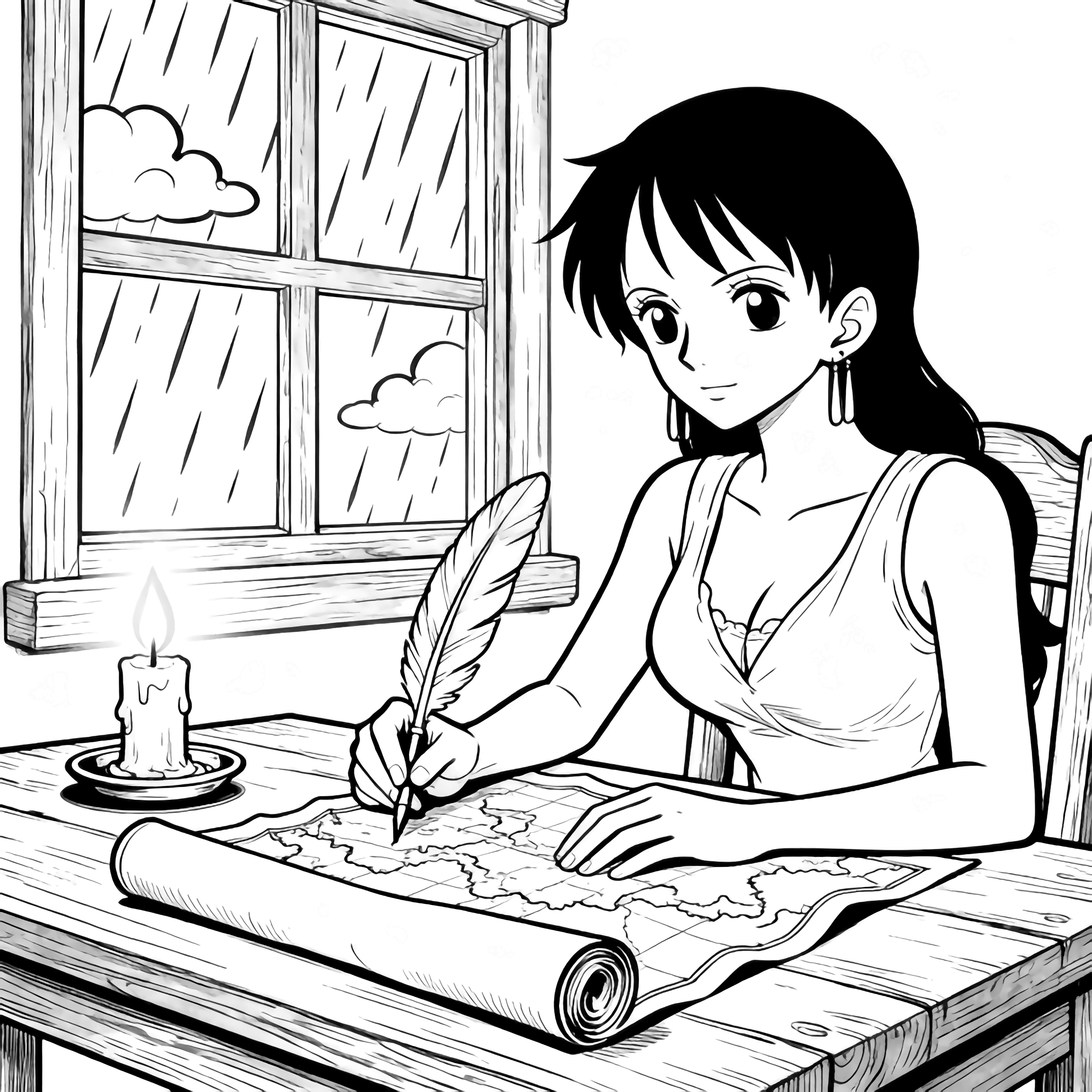 Nami at a wooden desk, quill over a rolled map, candle glowing beside her, rain and clouds visible through a window behind. kleurplaat
