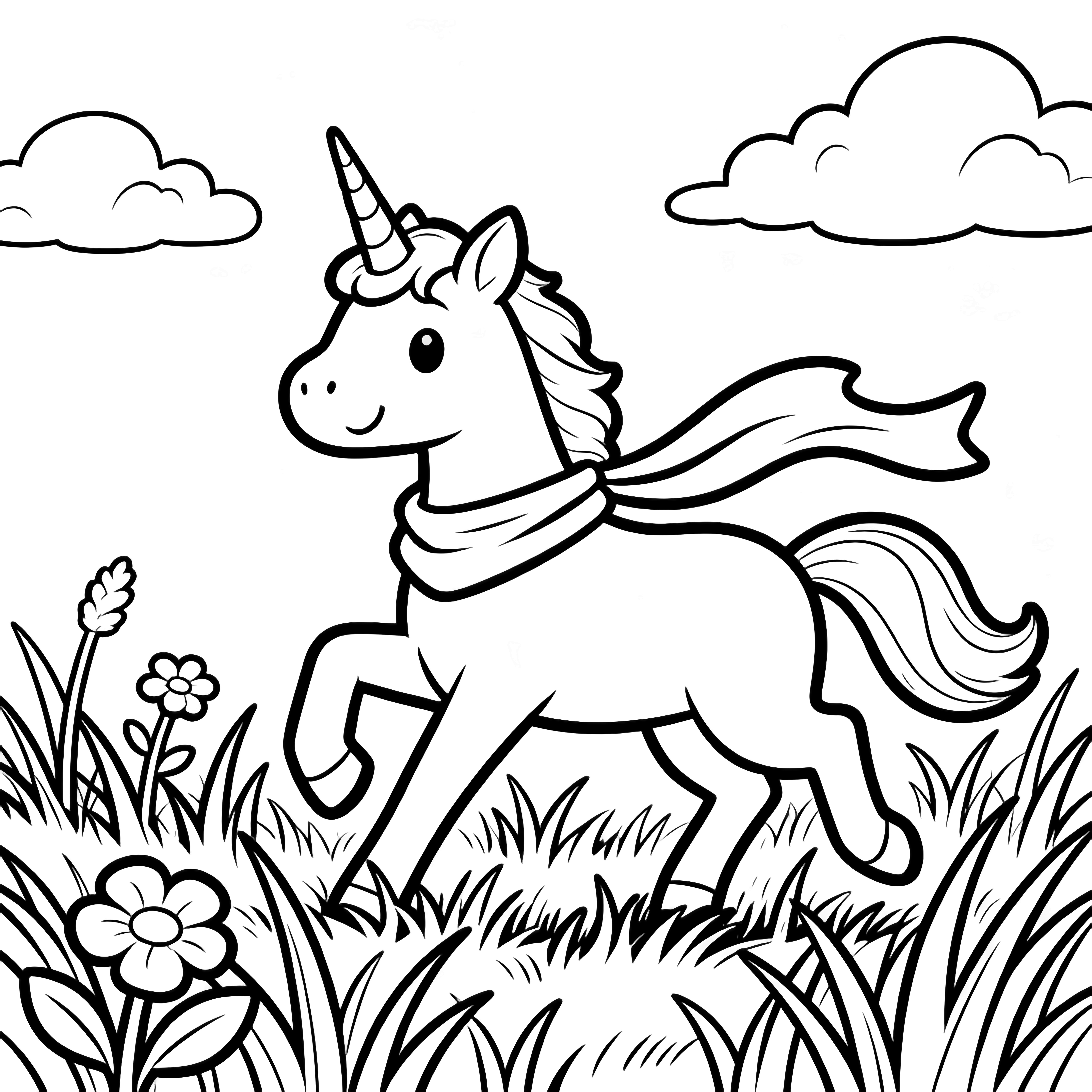 A smiling unicorn wearing a flowing scarf trots through tall grass dotted with flowers beneath fluffy clouds. kleurplaat