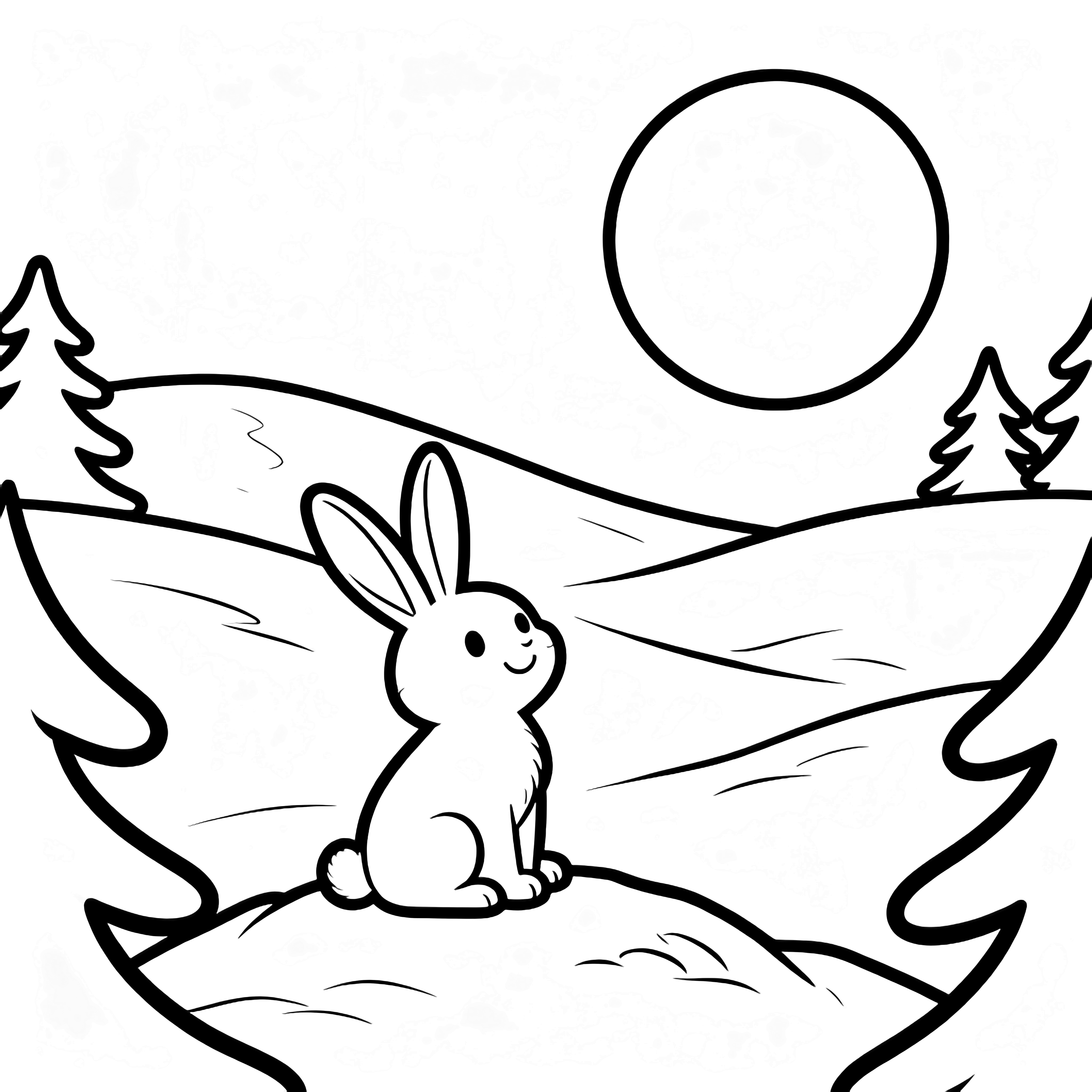 A cheerful rabbit perches on a snowy hill, looking up at a full moon; simple pines stand nearby. kleurplaat