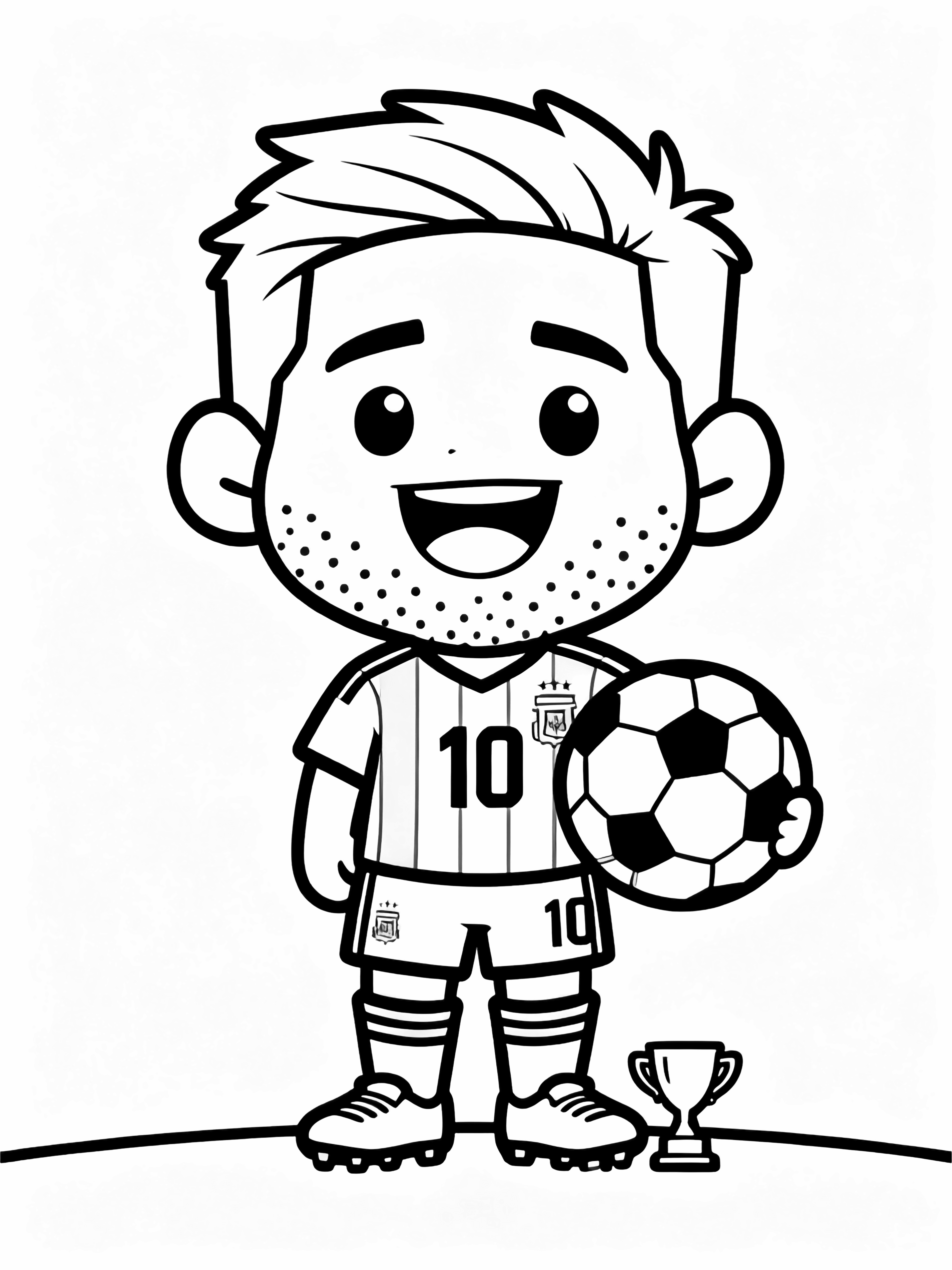 Kawaii Lionel Messi with huge cheerful face, tiny limbs, beard dots, jersey 10, socks up, cradling big soccer ball, small trophy by feet, plain horizon. kleurplaat